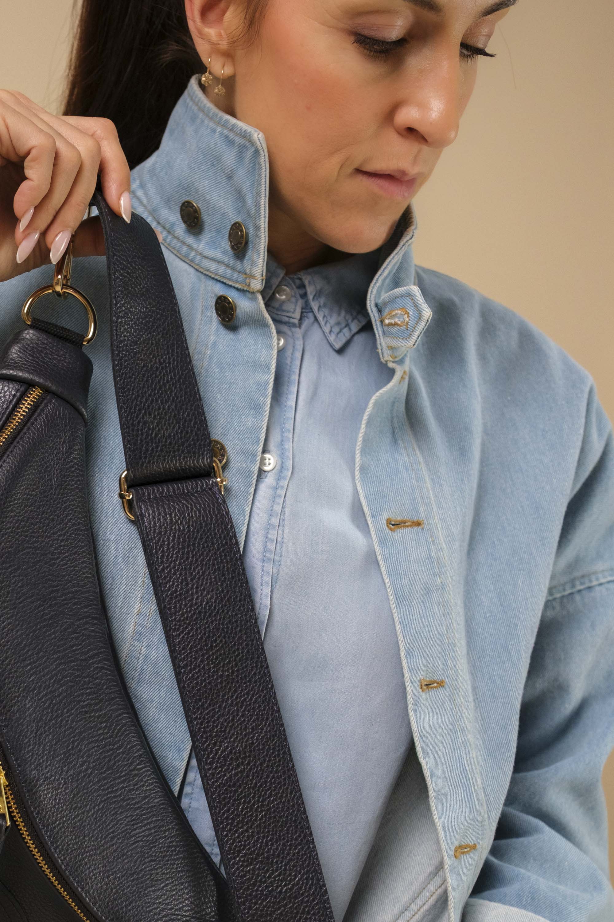 Banane à Frange Cuir Grainé Bleu Nuit