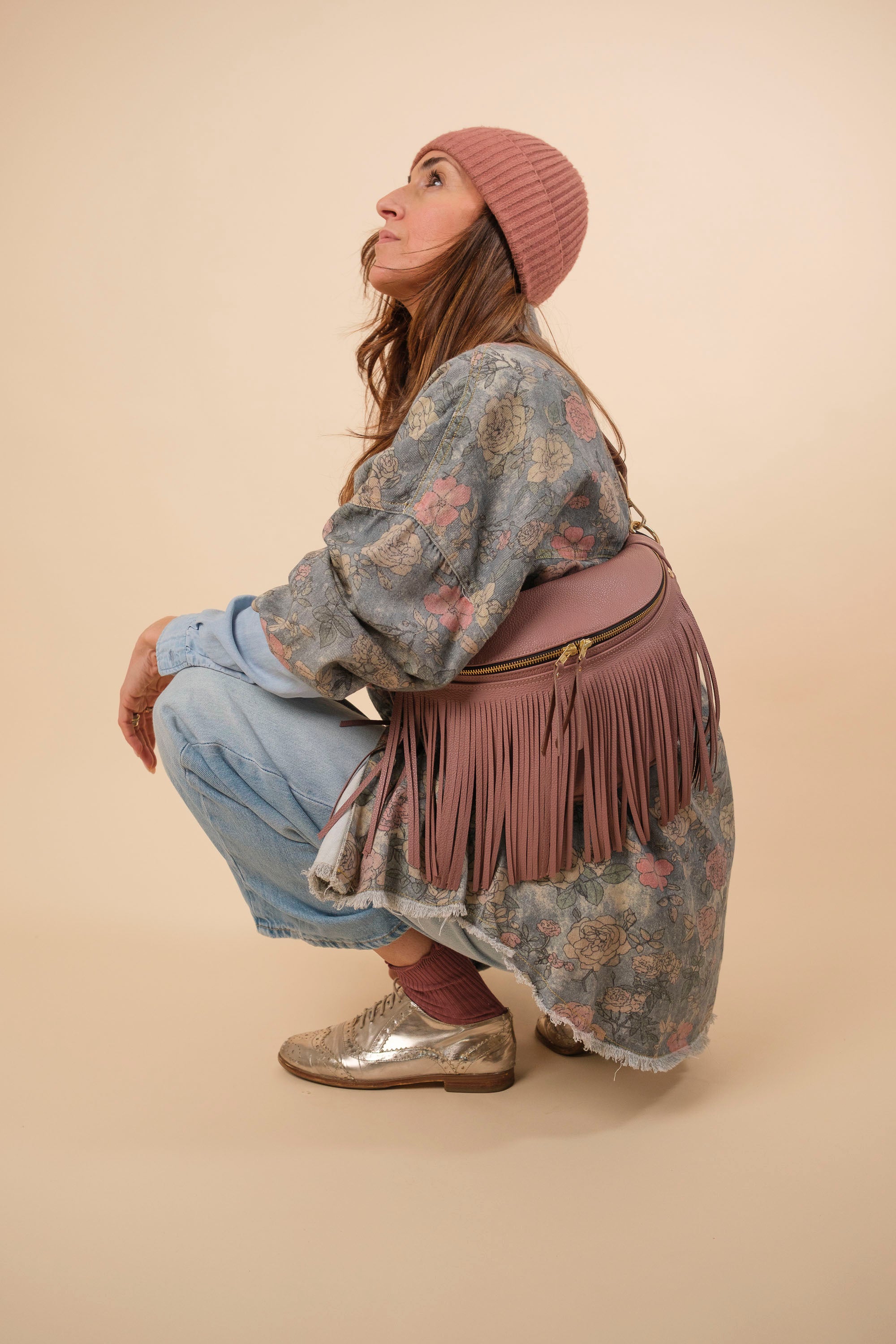 Banane à Frange Cuir Grainé Bois de Rose