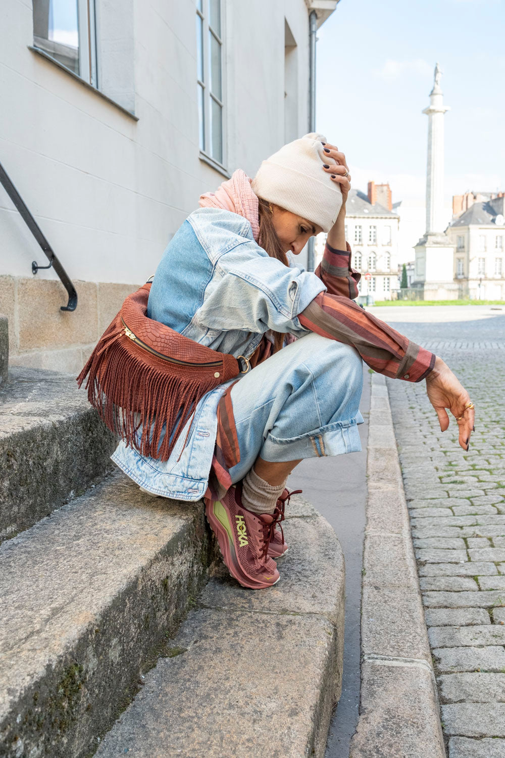 Banane Cuir Embossé Frange Rouille