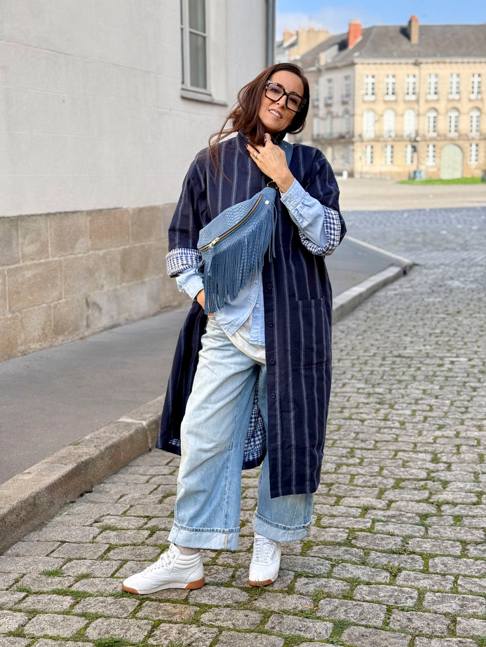 Banane Cuir Embossé Frange Bleu Jean