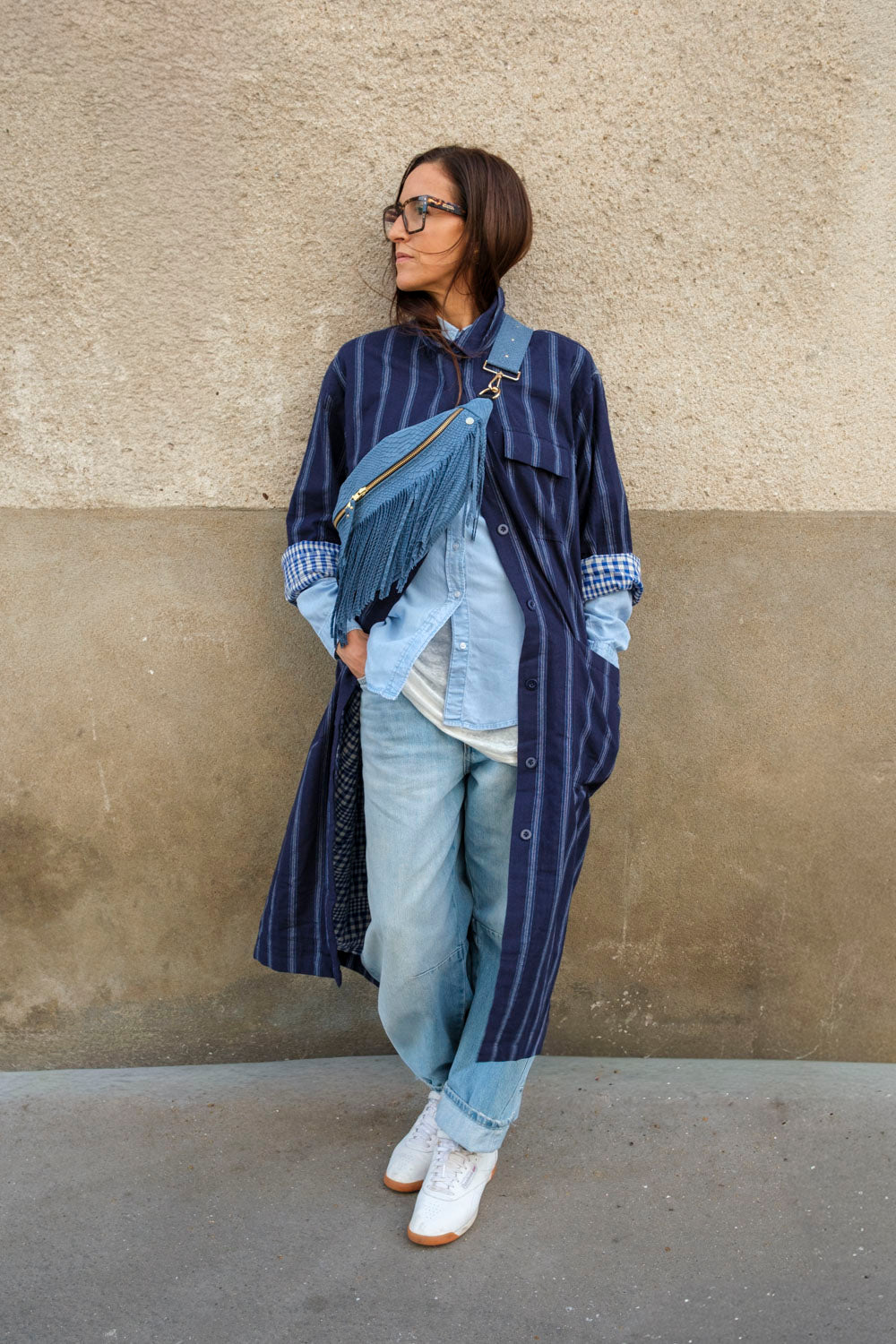 Banane Cuir Embossé Frange Bleu Jean