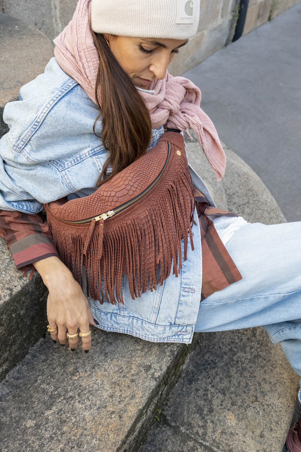 Banane Cuir Embossé Frange Rouille