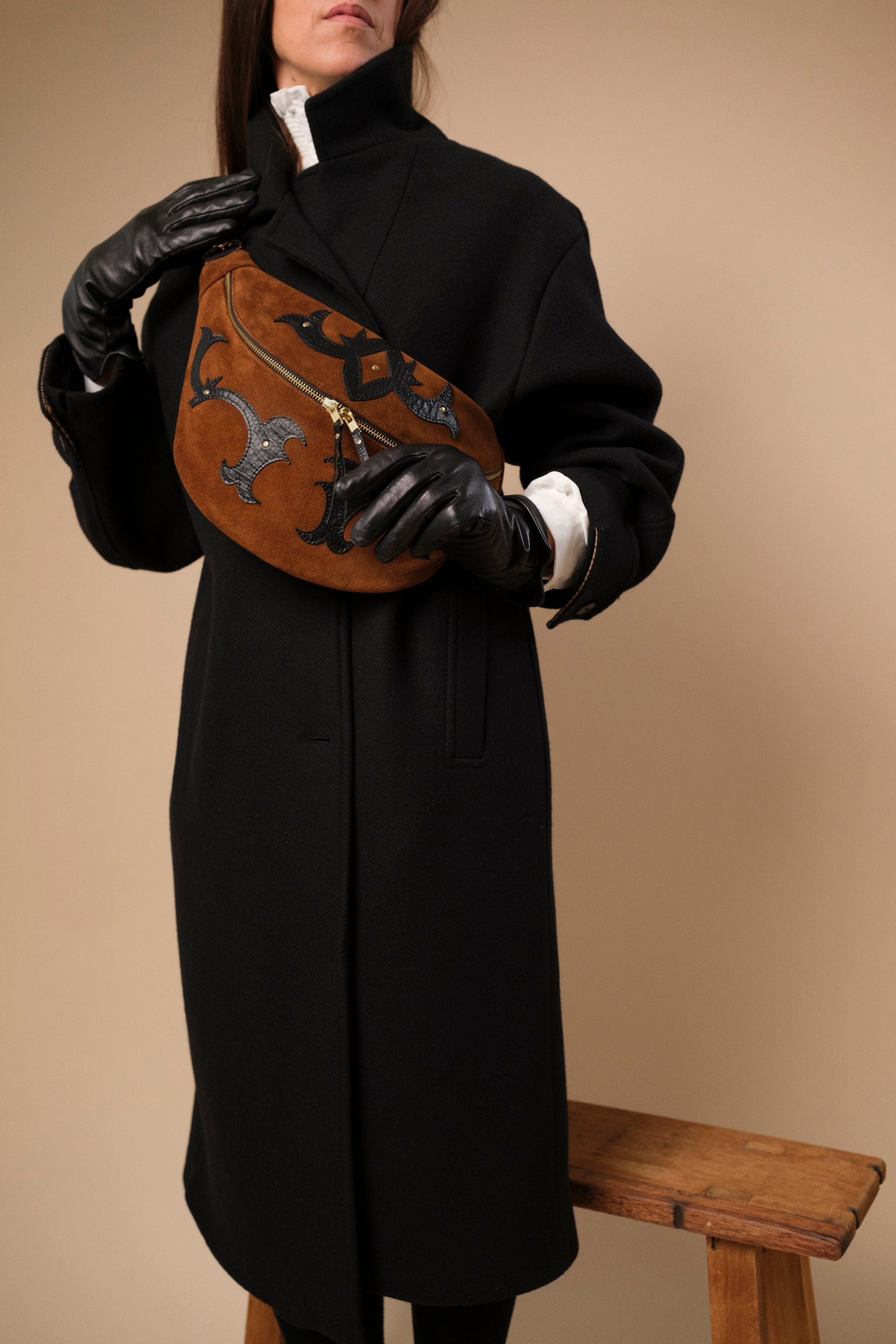 Banane Calamity Double Trouble Cuir Daim Camel & Croco Noir