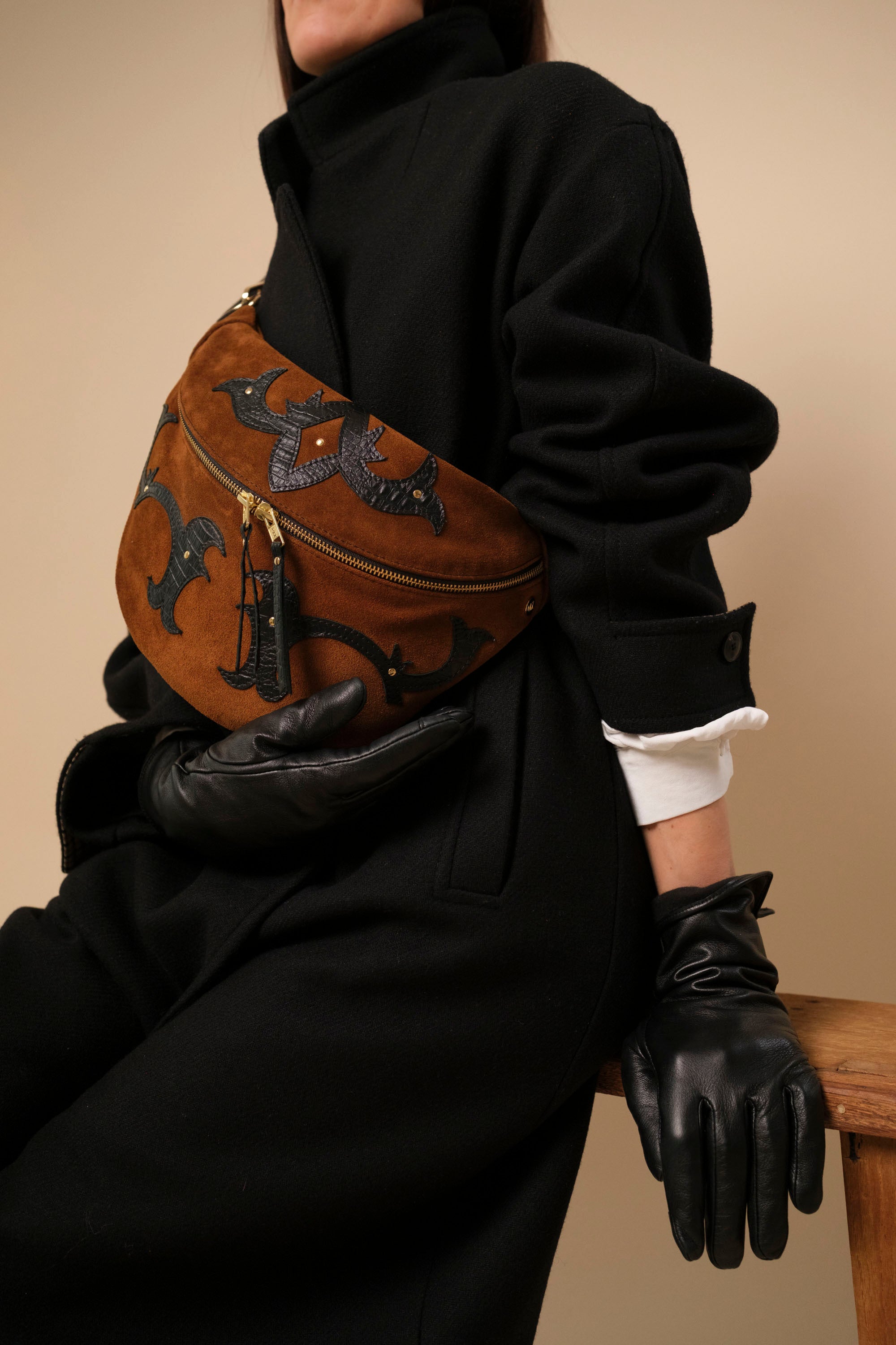 Banane Calamity Double Trouble Cuir Daim Camel & Croco Noir