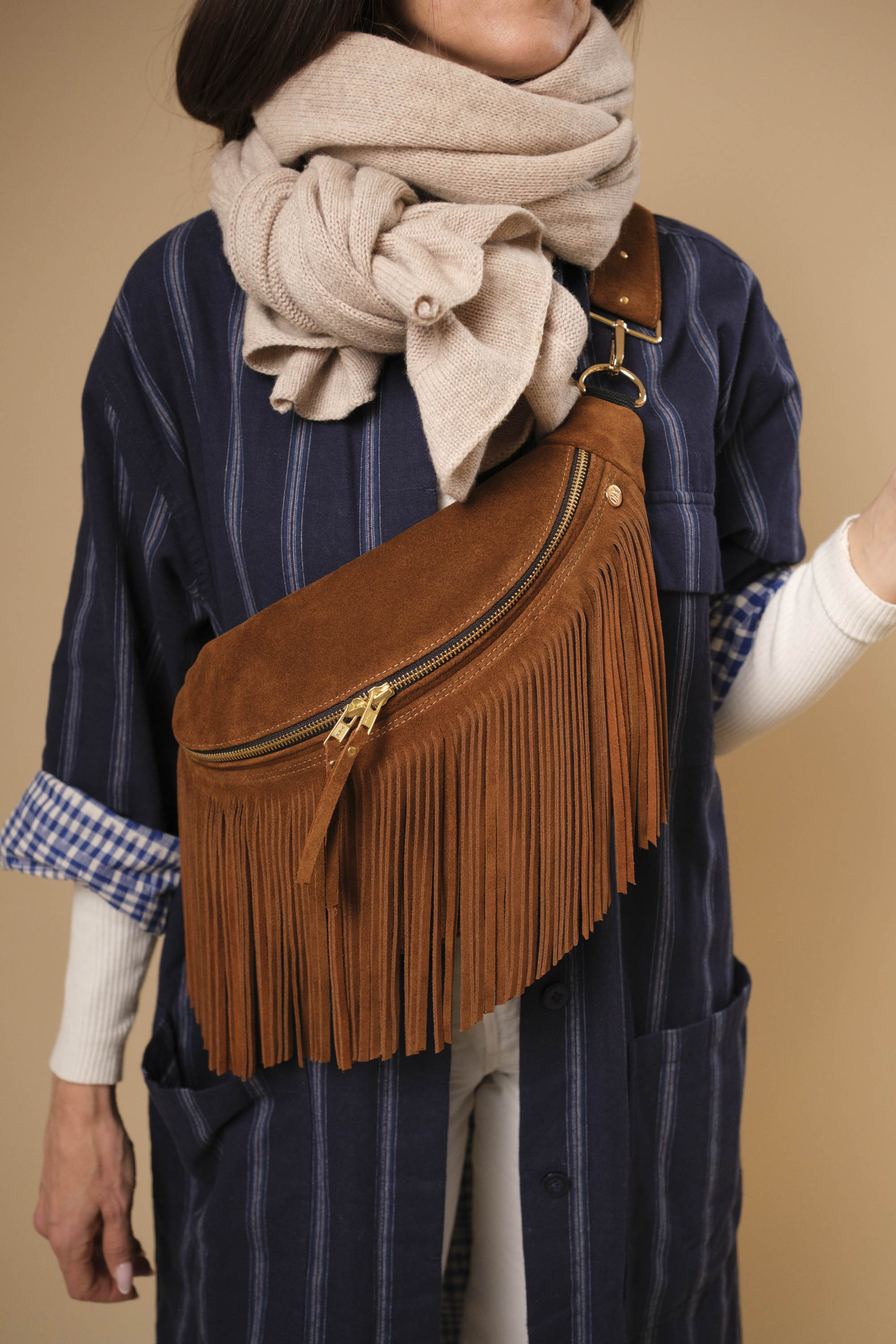 Banane à Frange Cuir Daim Camel