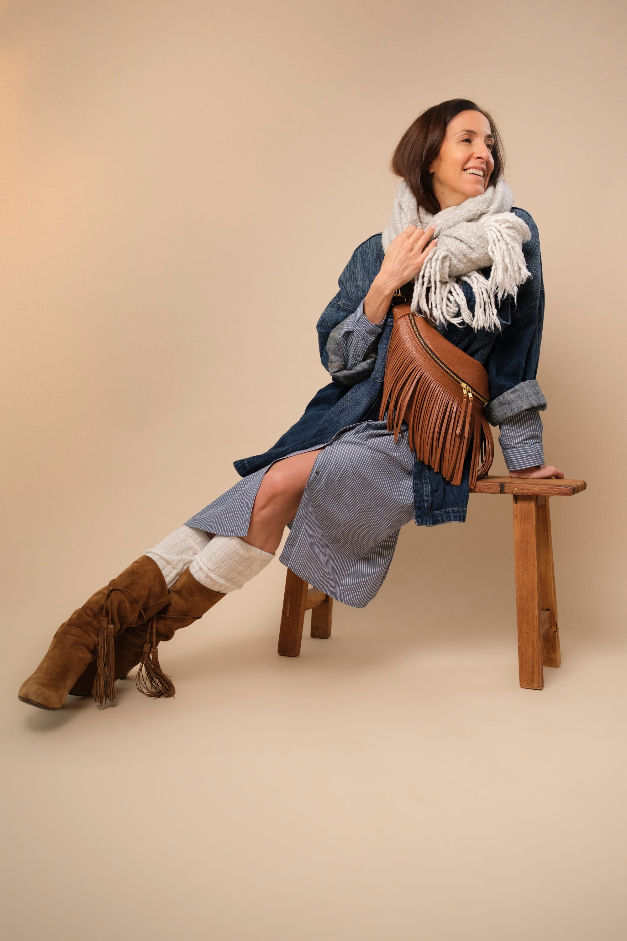 Banane à Frange Cuir Grainé Caramel