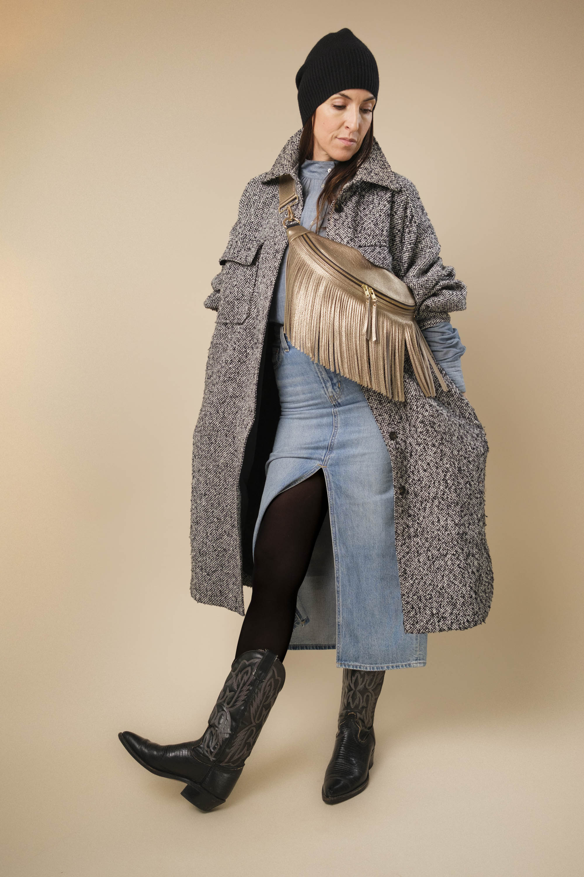 Banane à Frange Cuir Grainé Champagne