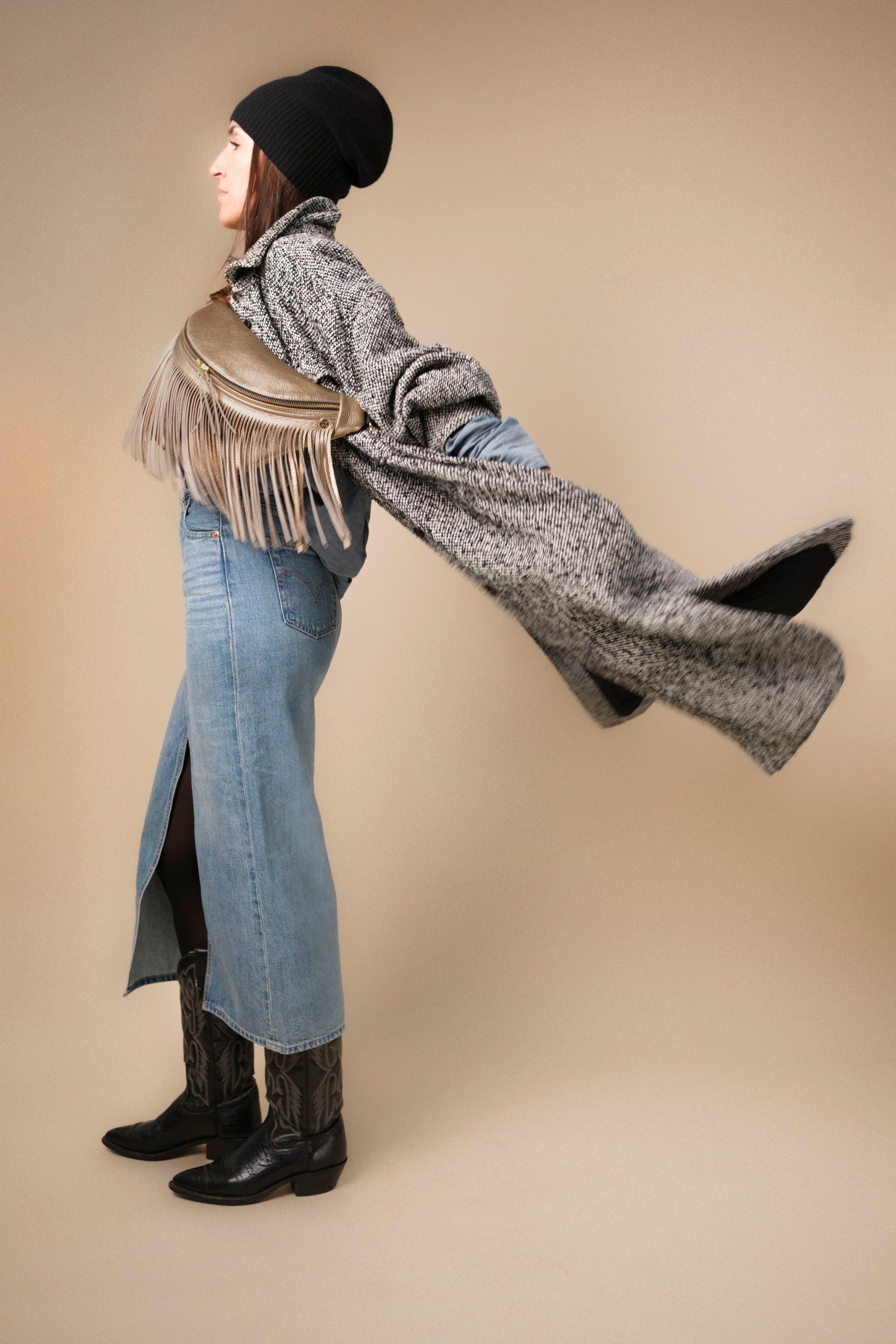 Banane à Frange Cuir Grainé Champagne