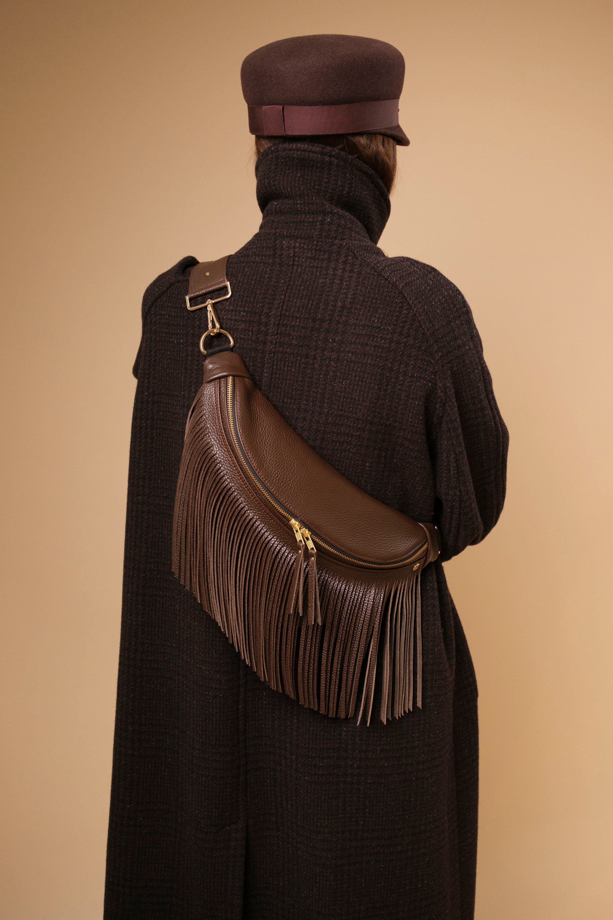 Banane à Frange Cuir Grainé Choco