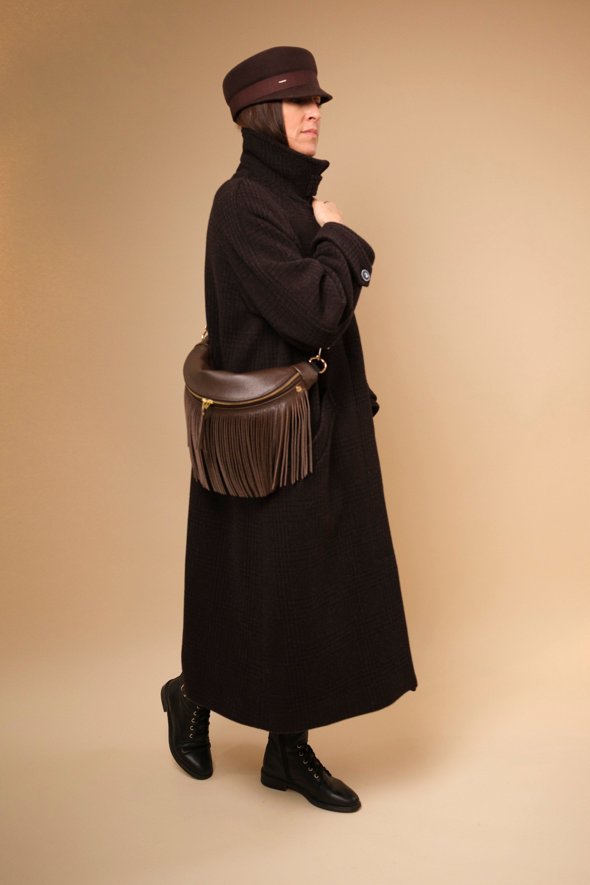 Banane à Frange Cuir Grainé Choco