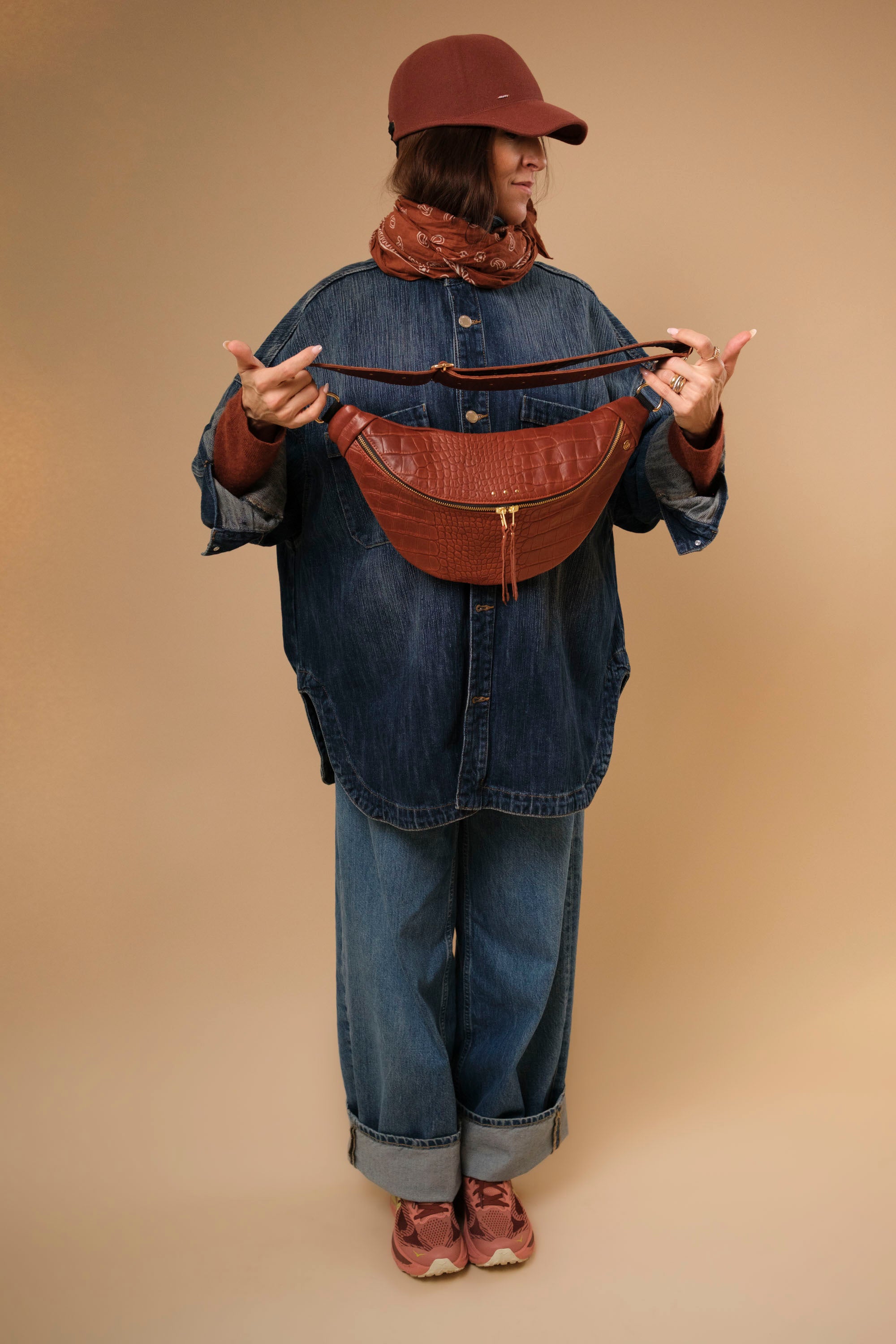 Banane Simple Cuir Lisse Embossé Croco Brique, tannage végétal