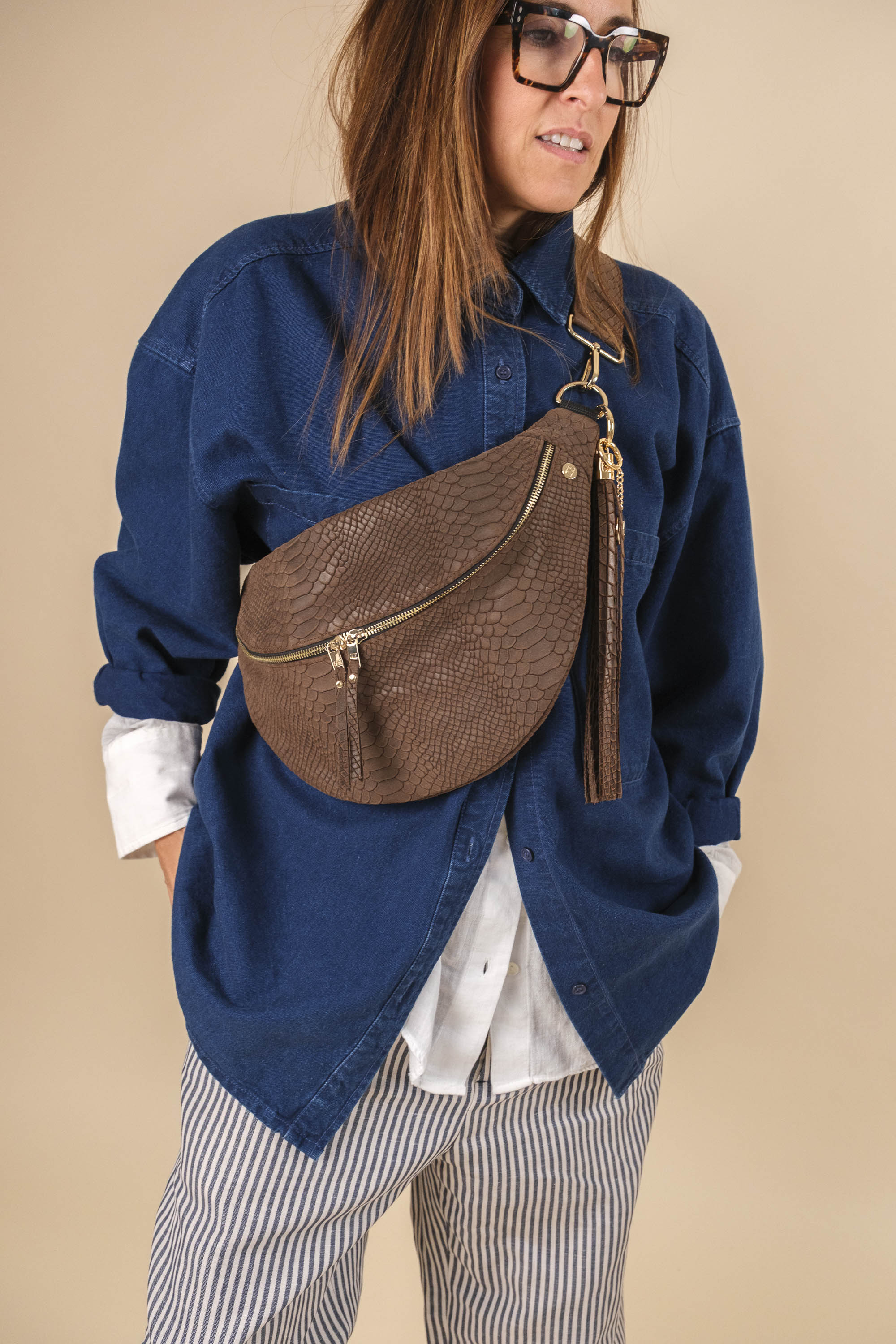 Banane Simple Cuir Embossé Croco Choco (avec pompon)