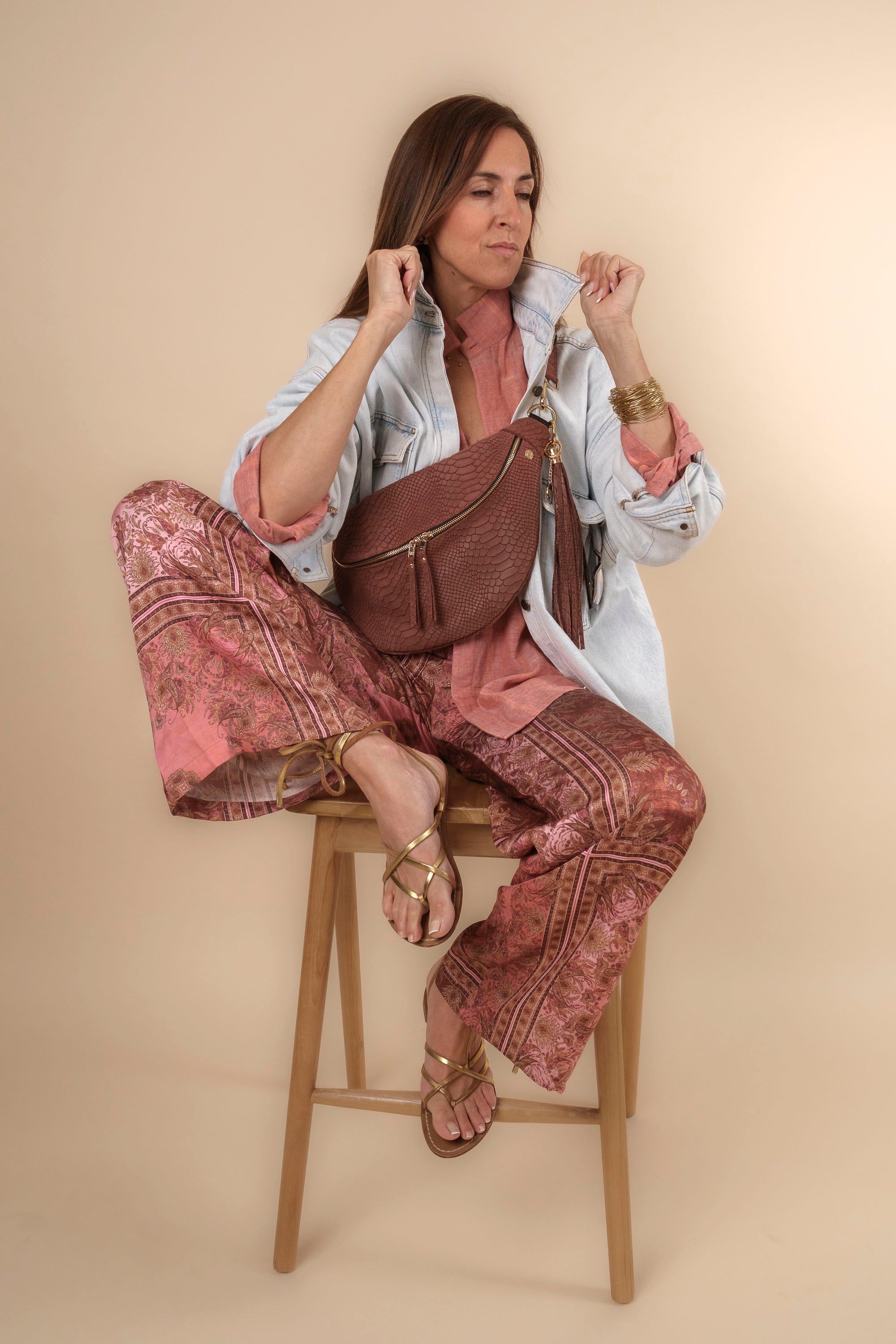 Banane Simple Cuir Embossé Croco Muscat (avec pompon)