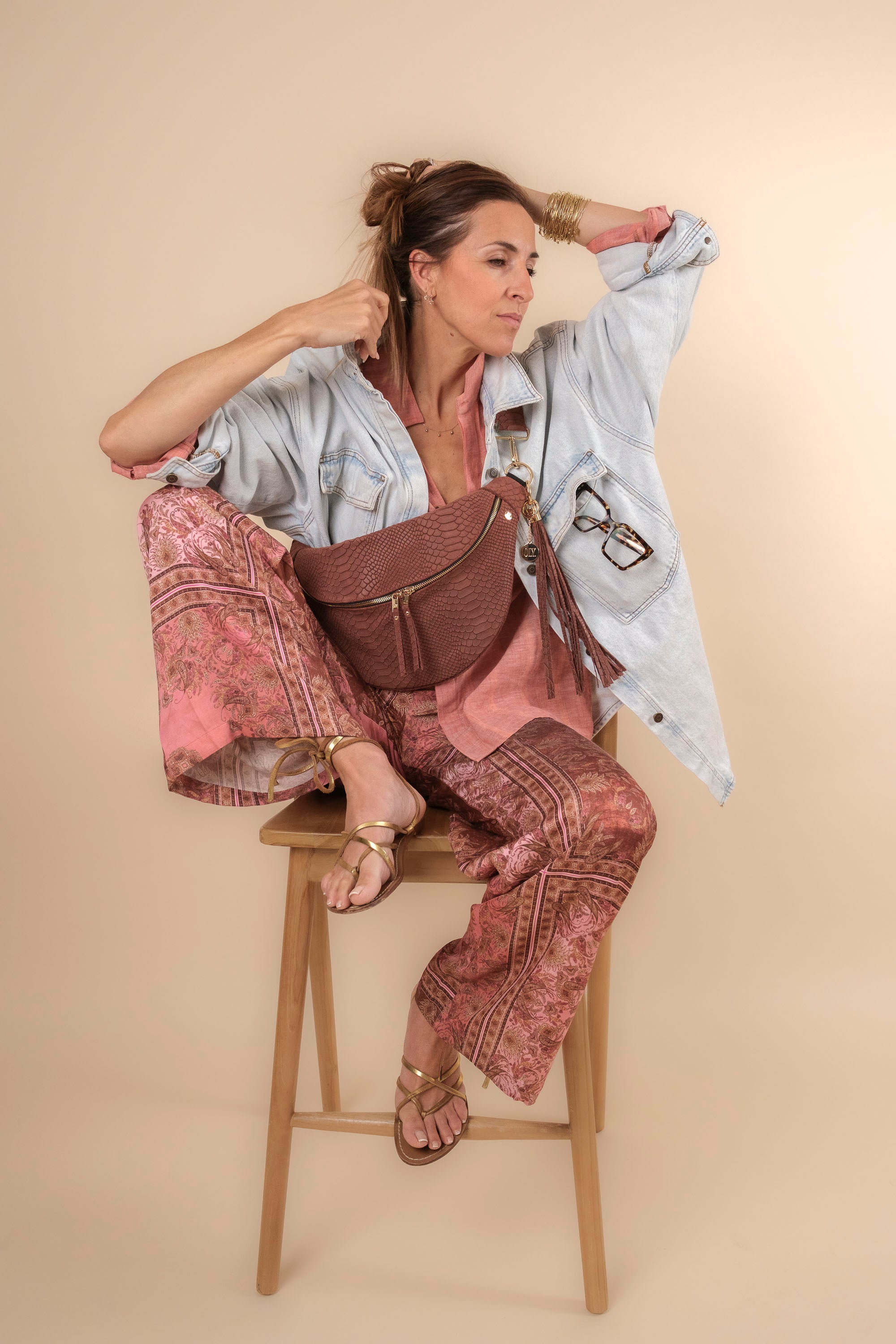 Banane Simple Cuir Embossé Croco Muscat (avec pompon)