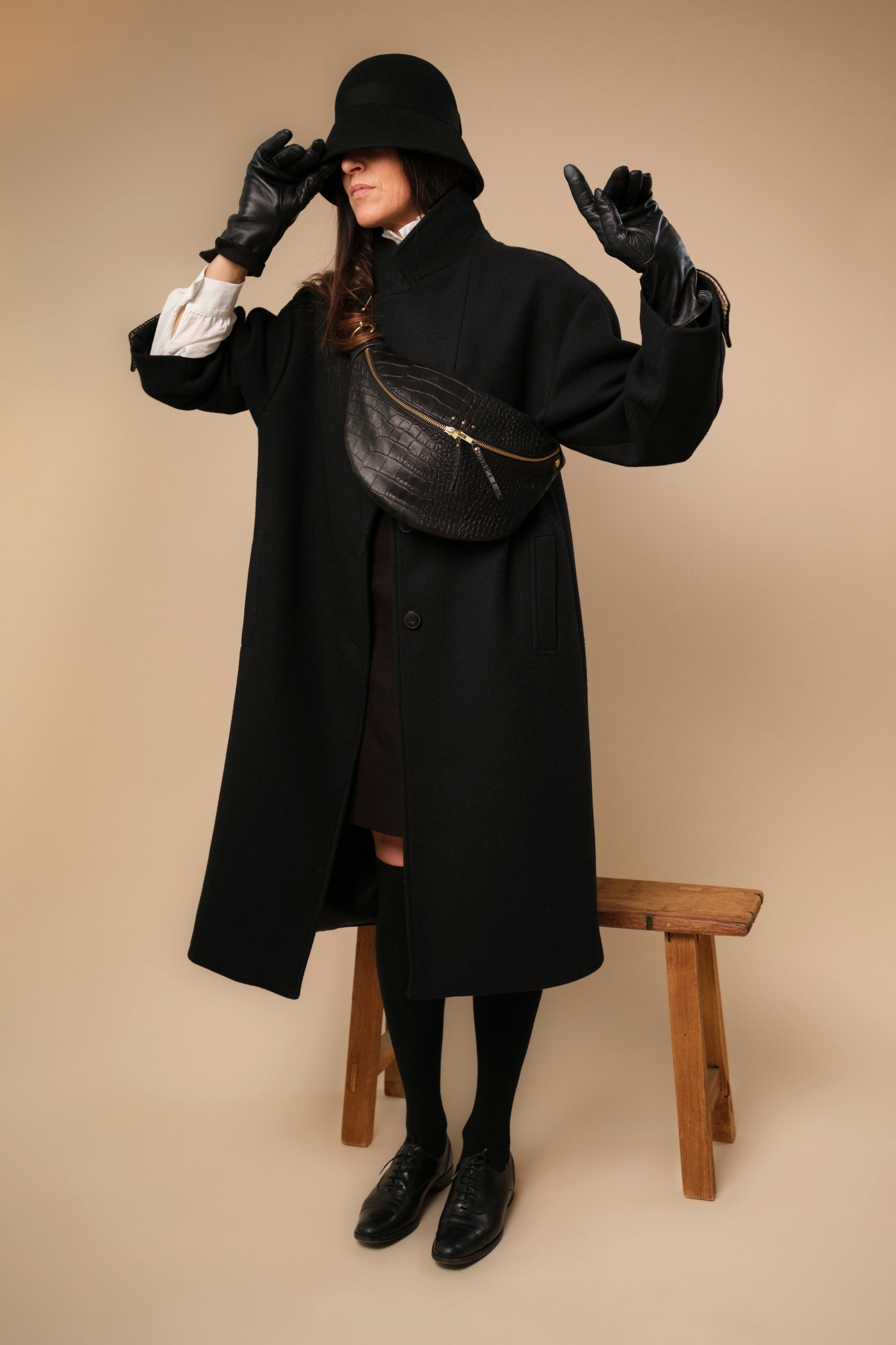 Banane Simple Cuir Lisse Embossé Croco Noir, tannage végétal