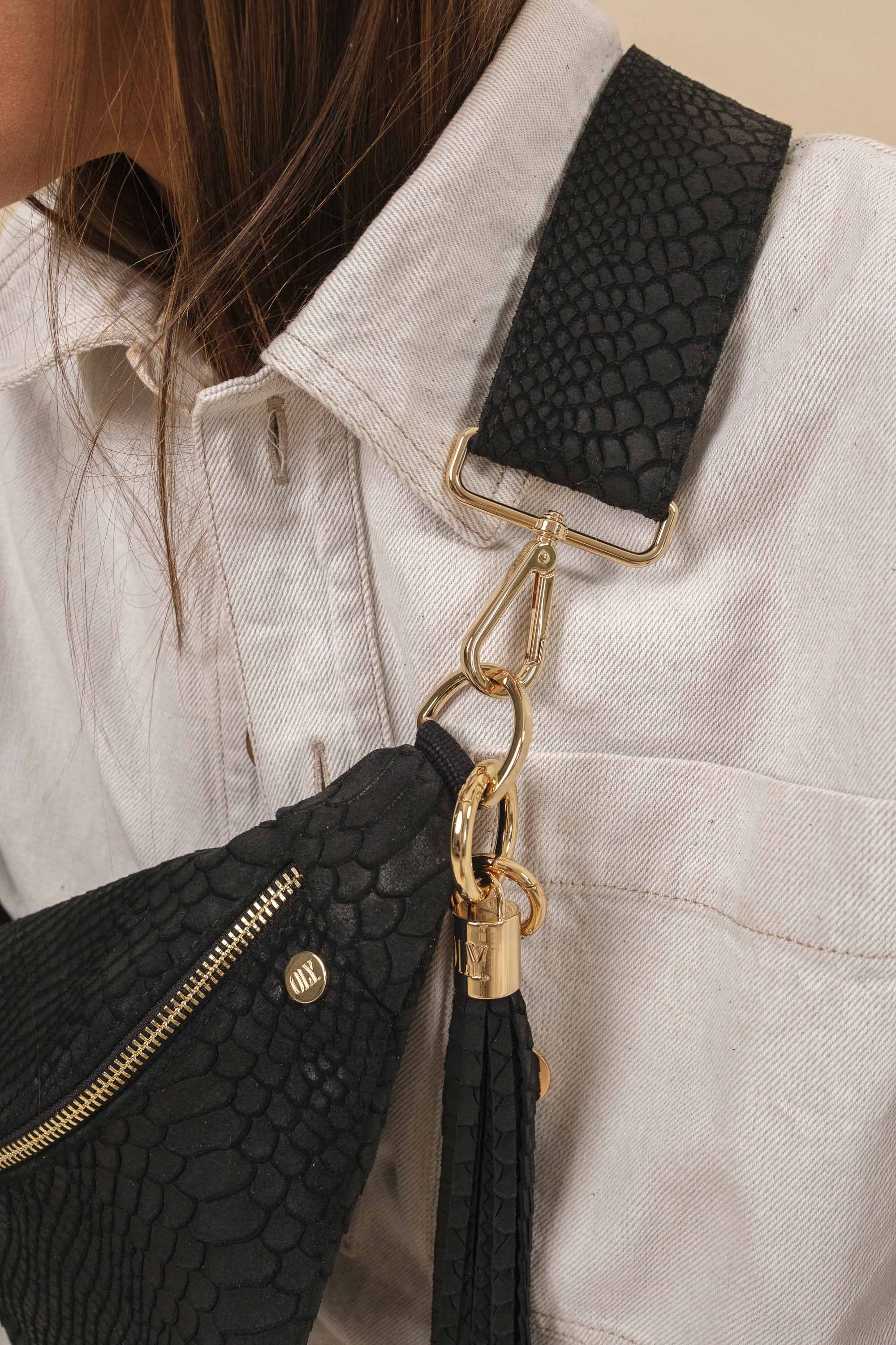 Banane Simple Cuir Embossé Croco Charbon (avec pompon)