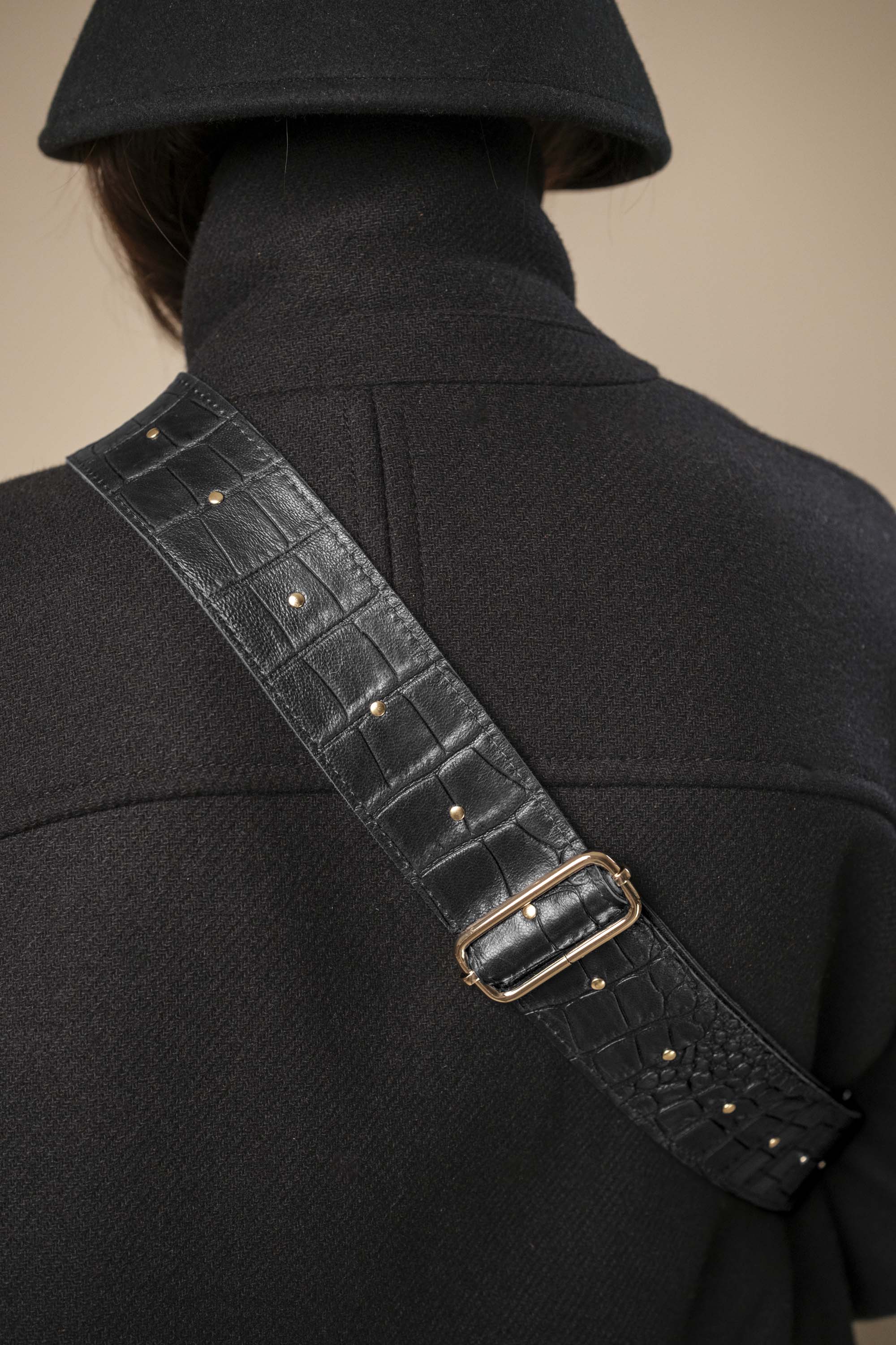 Banane Simple Cuir Lisse Embossé Croco Noir, tannage végétal