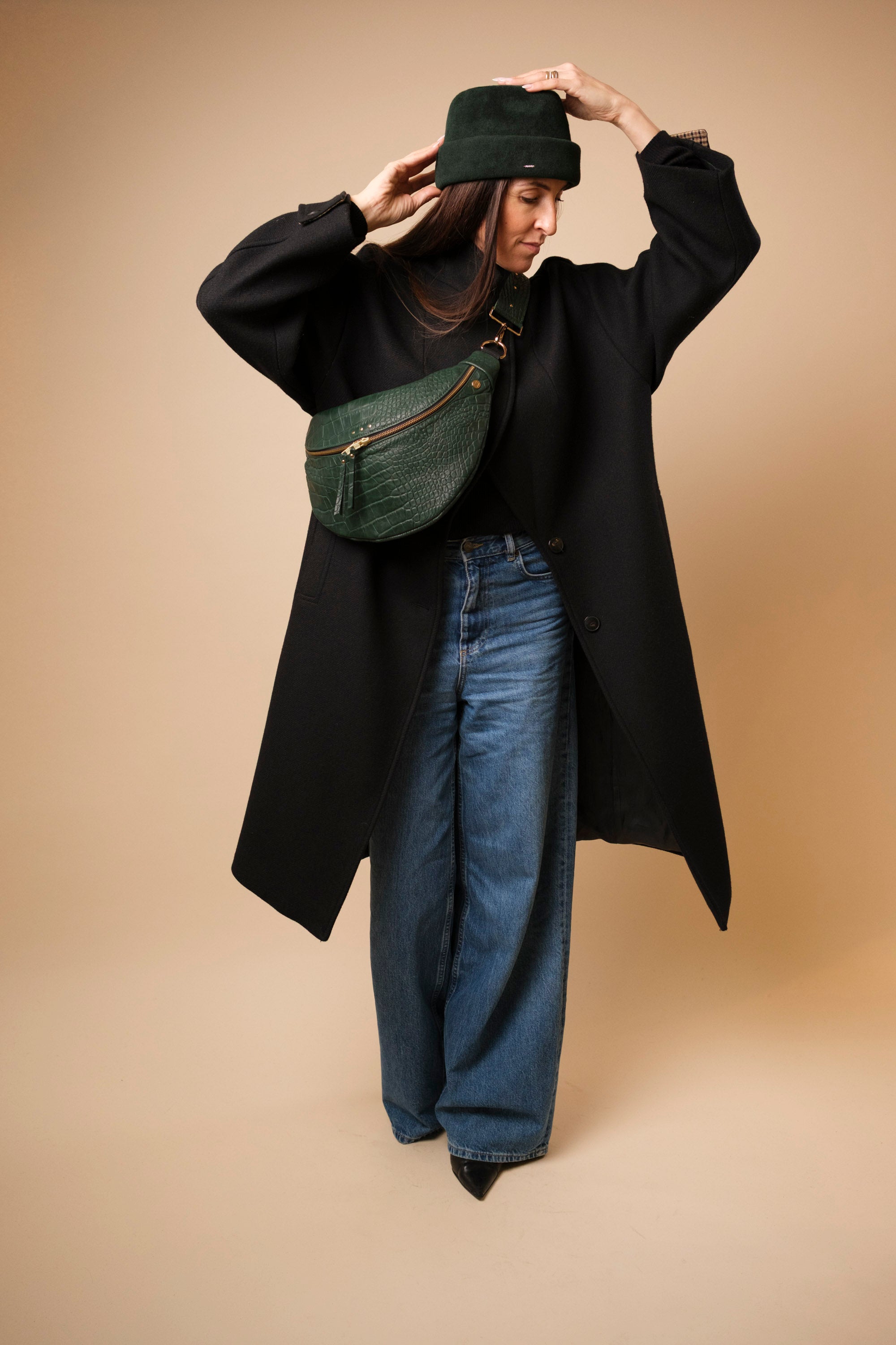 Banane Simple Cuir Lisse Embossé Croco Vert Forêt, tannage végétal