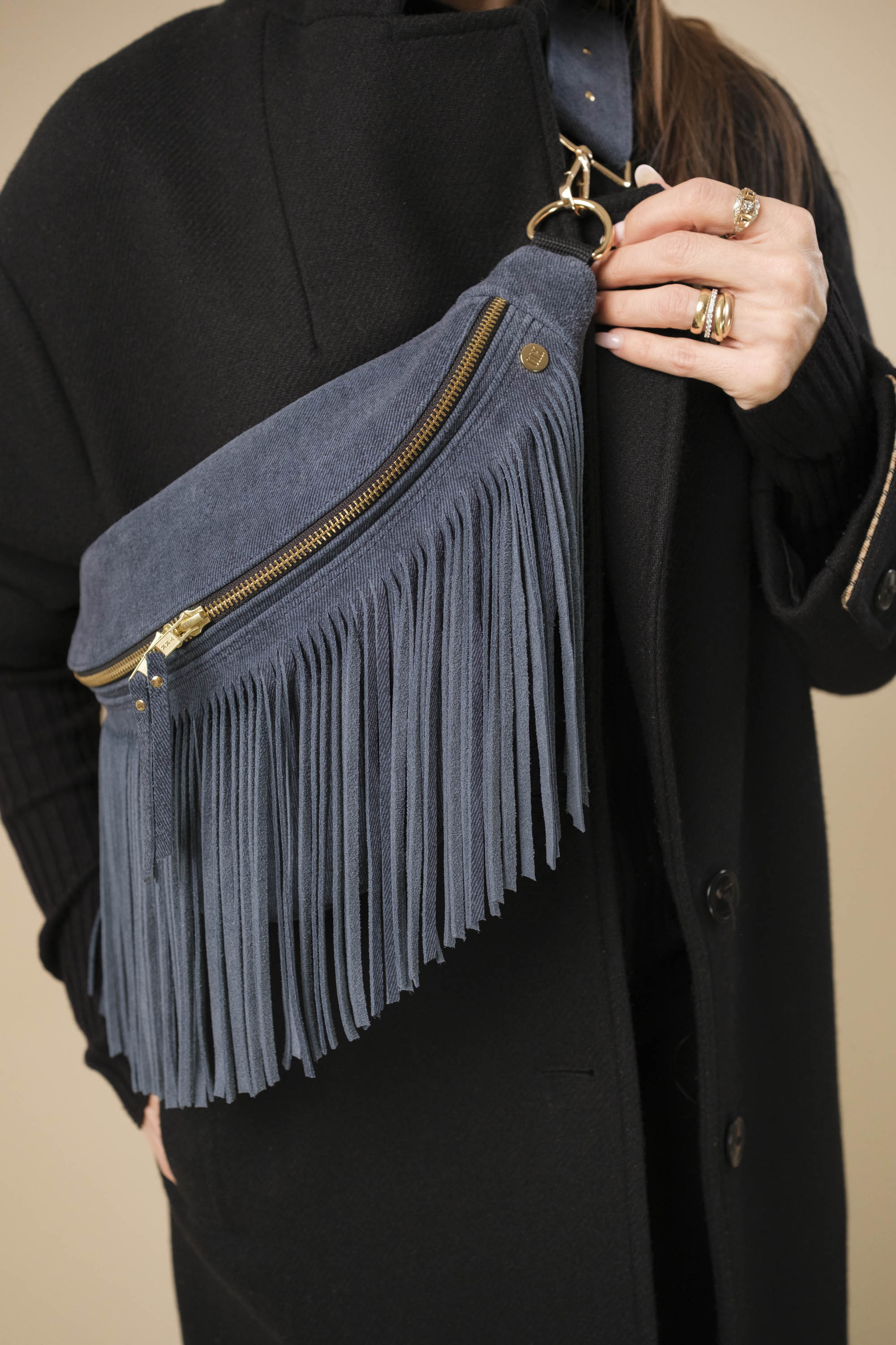 Banane à Frange Cuir Daim Jean Bleu