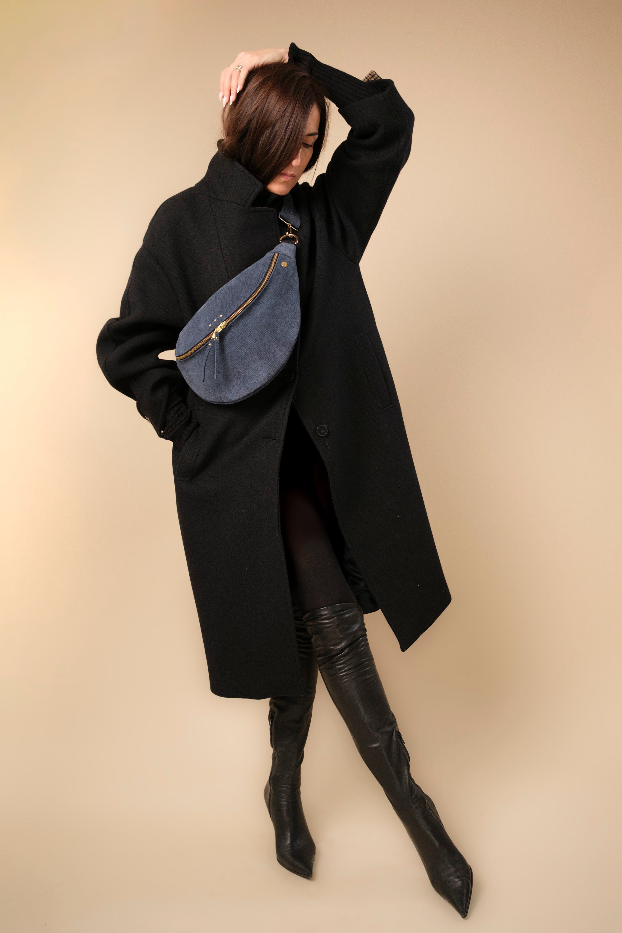 Banane Simple Cuir Daim Embossé Jean Bleu