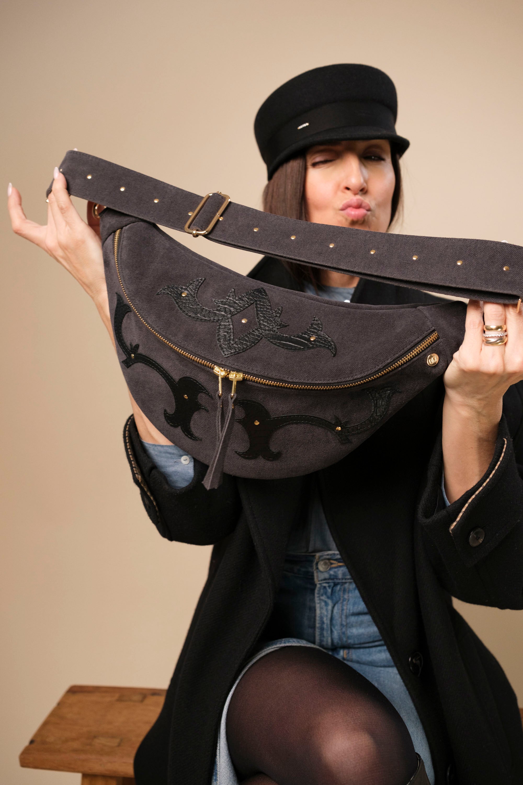 Banane Calamity Double Trouble Cuir Daim Embossé Jean Gris & Croco Noir