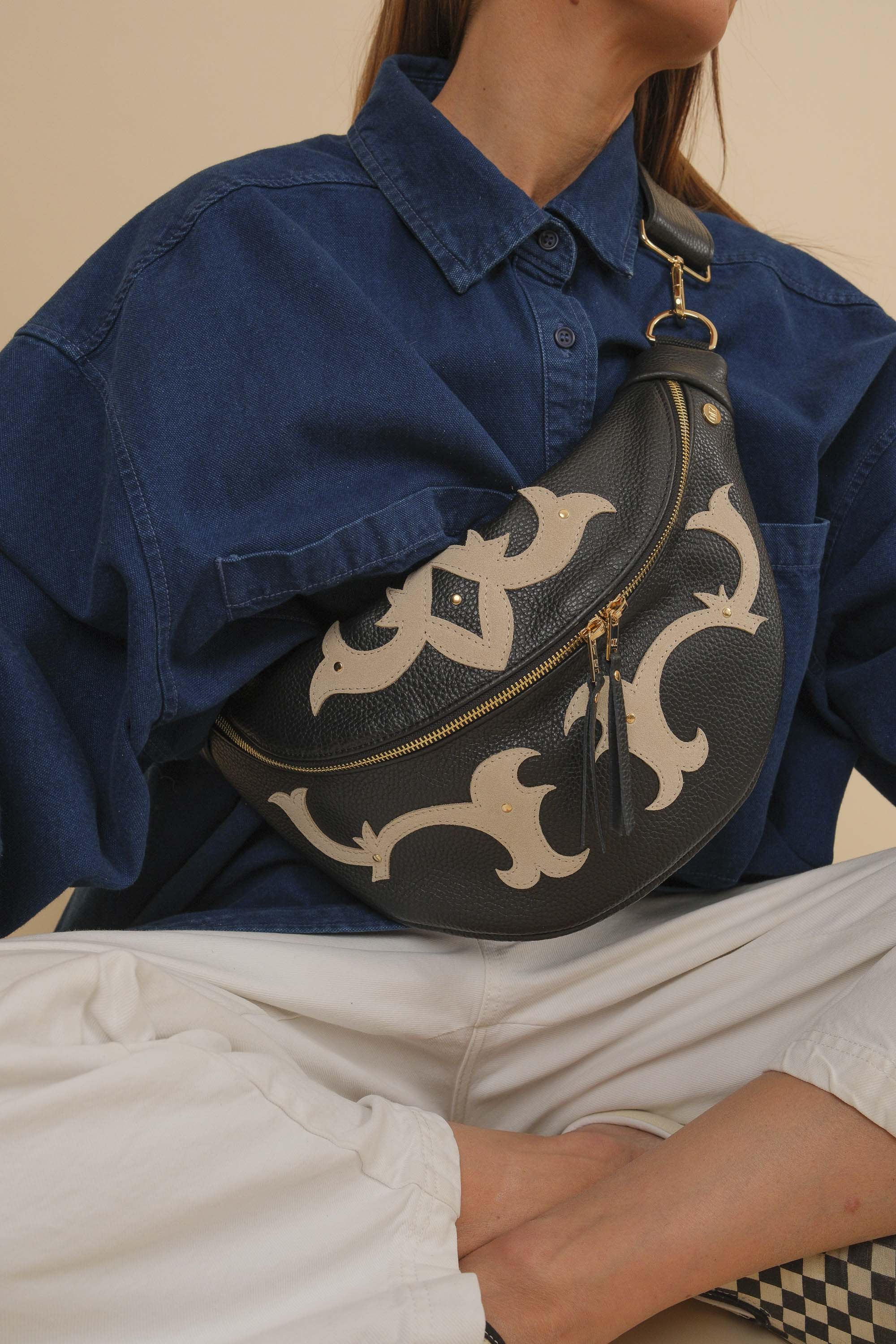 Banane Calamity Double Trouble Cuir Grainé Noir & Daim Coquille