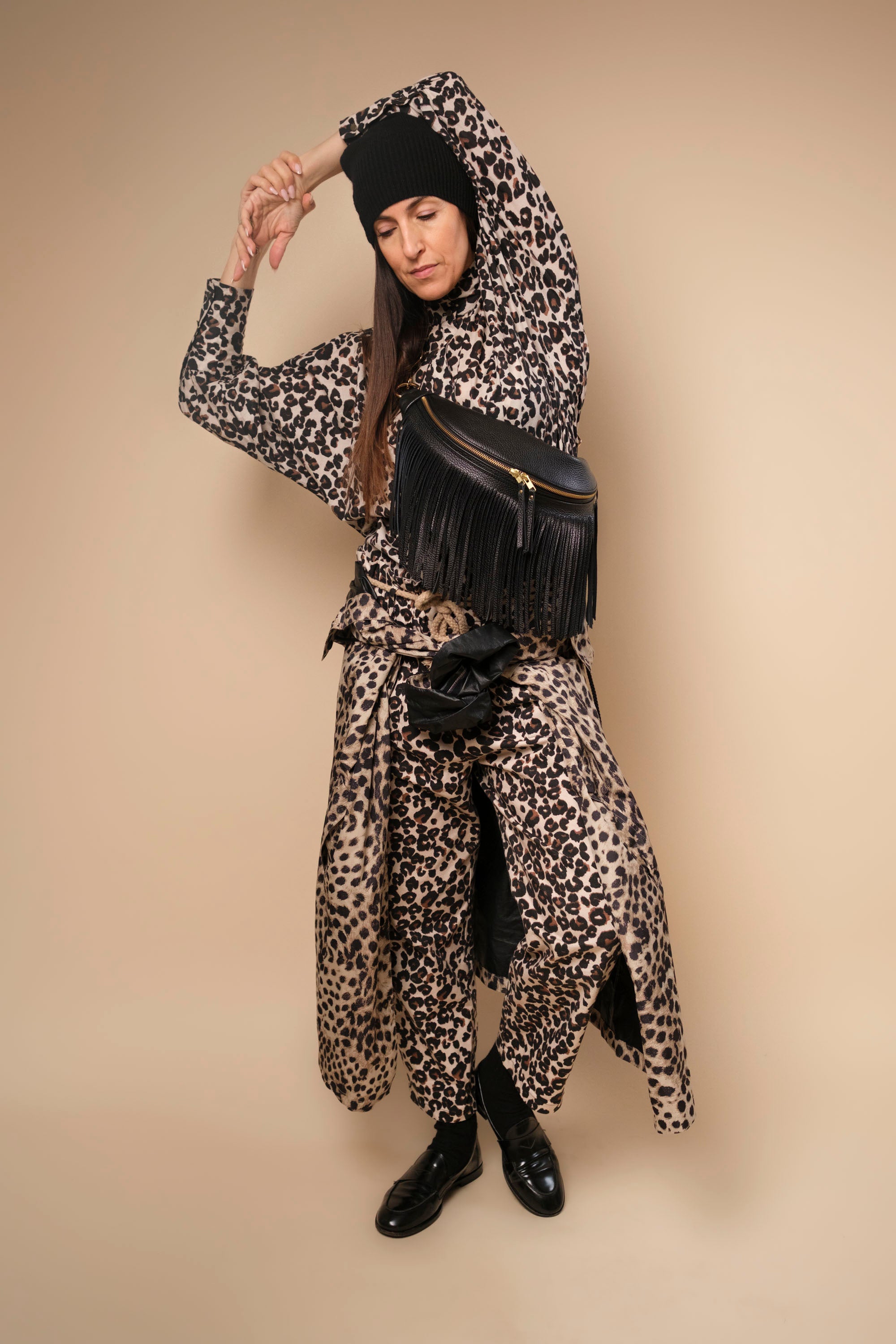 Banane à Frange Cuir Grainé Noir