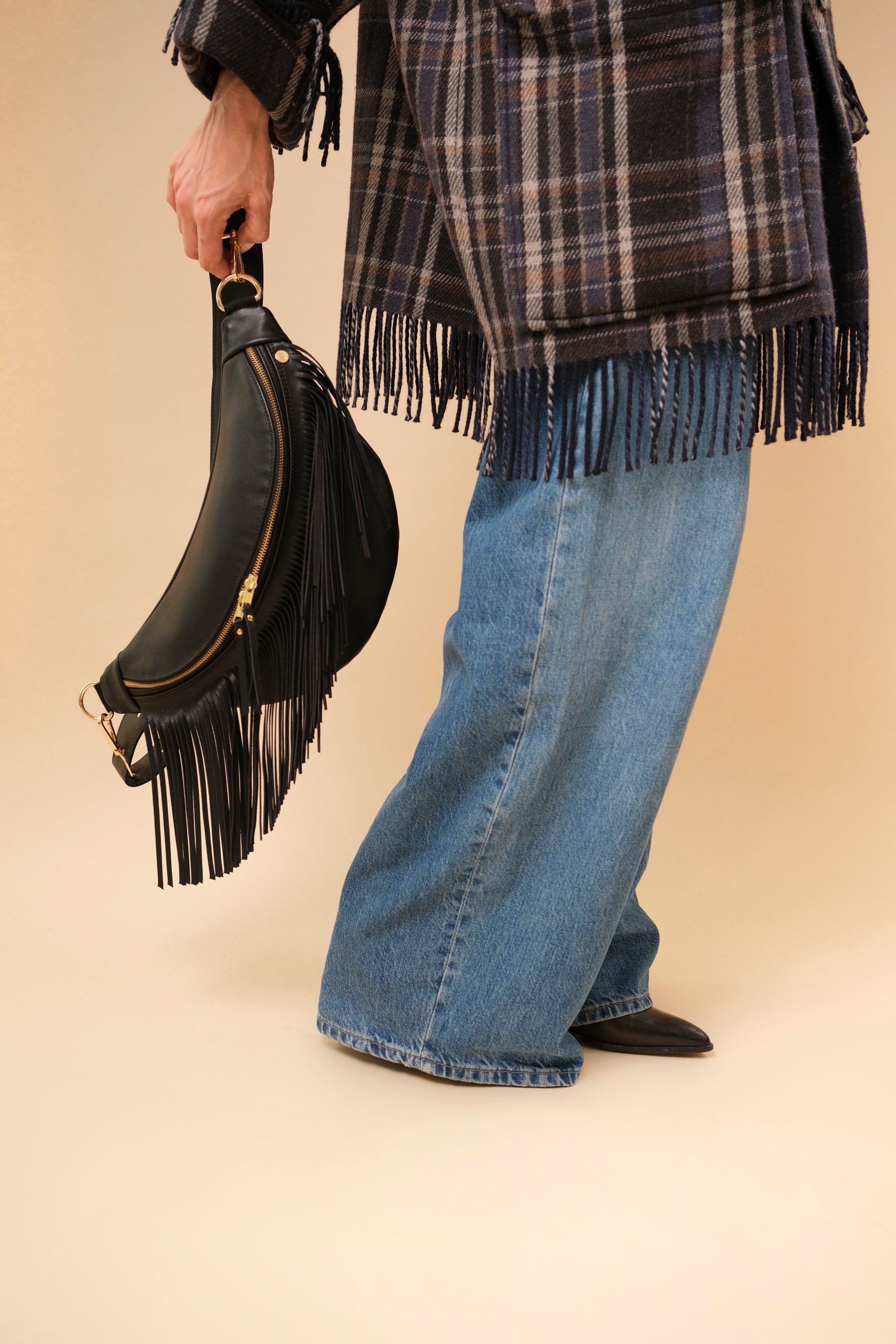 Banane à Frange Cuir Lisse Noir