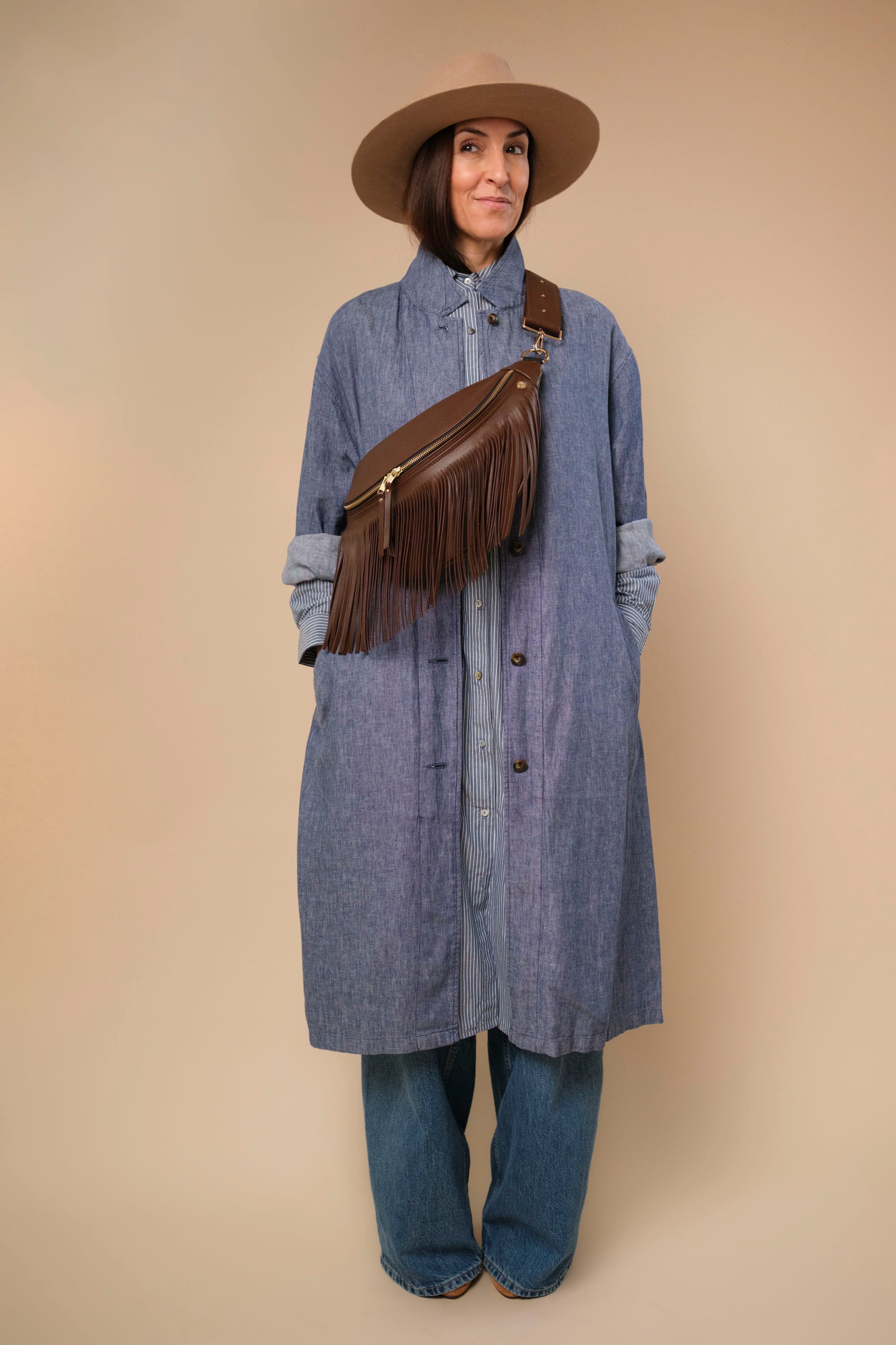 Banane à Frange Cuir Lisse Praliné