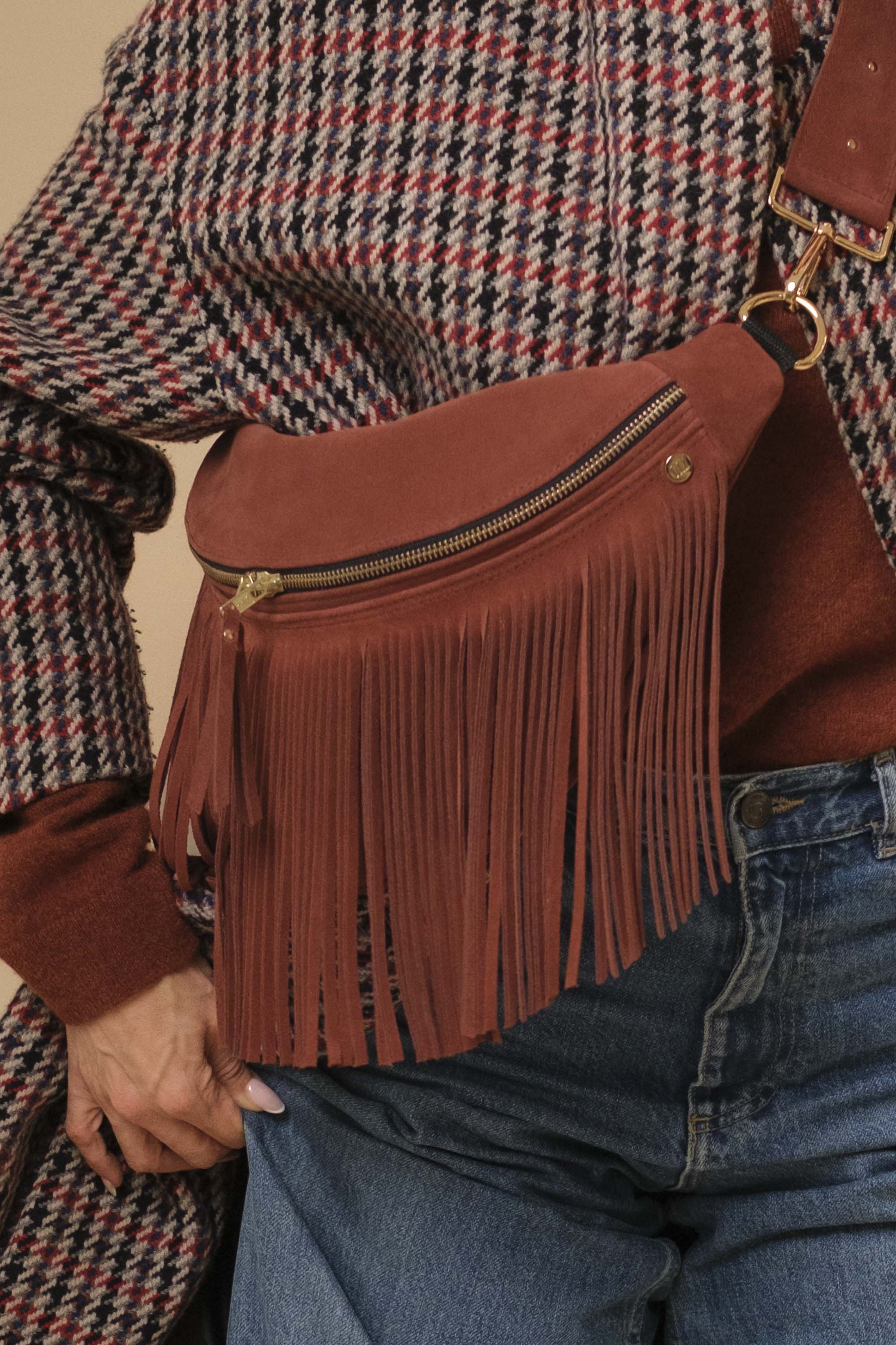 Banane à Frange Cuir Daim Rouille