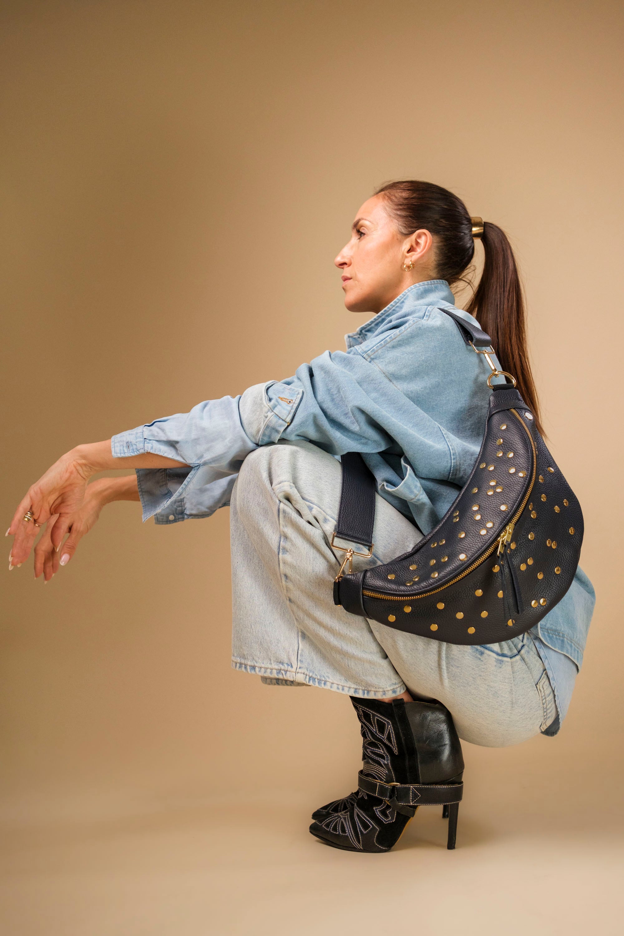 Banane Dotty Cuir Grainé Bleu Nuit