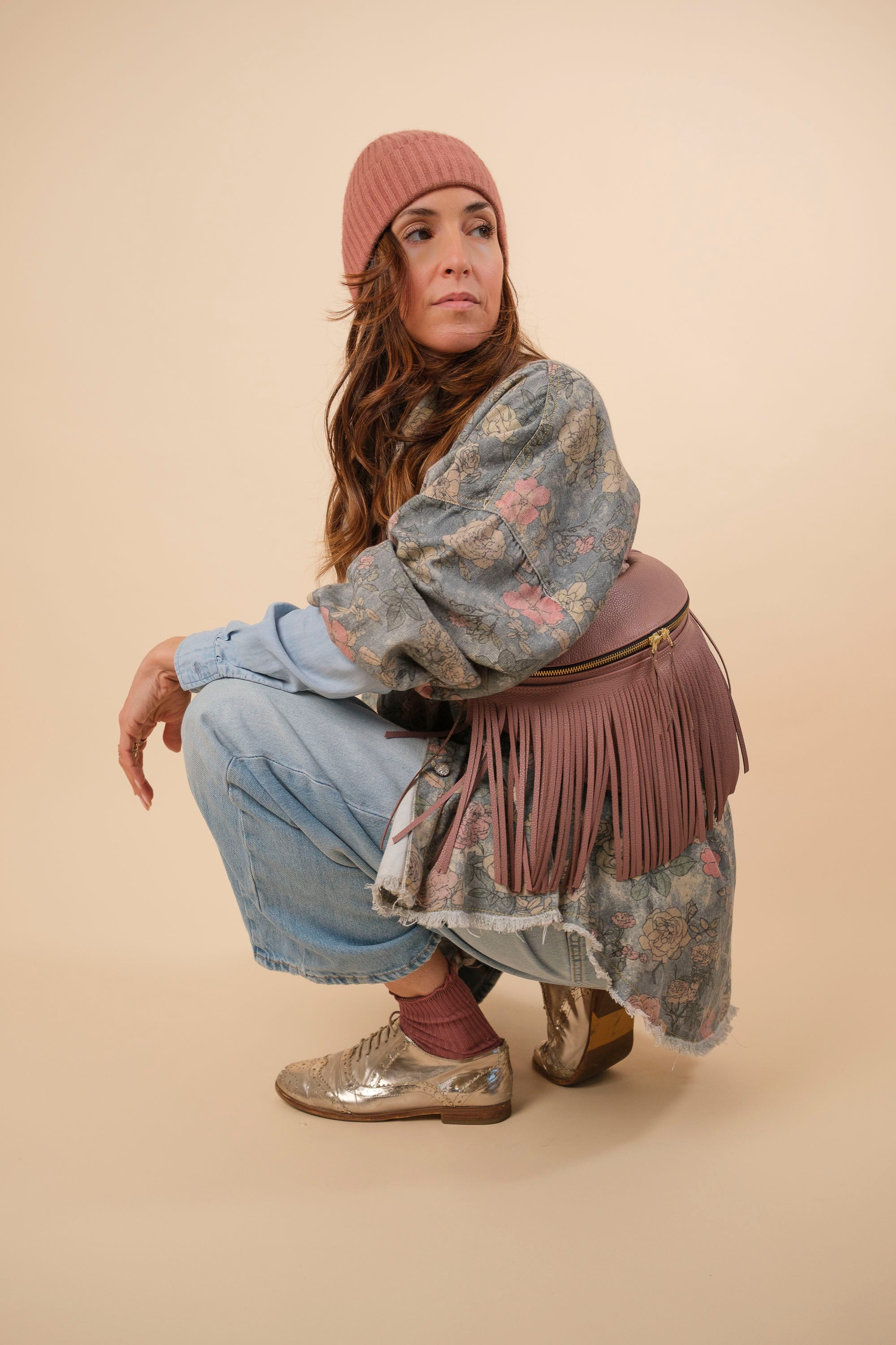 Banane à Frange Cuir Grainé Bois de Rose