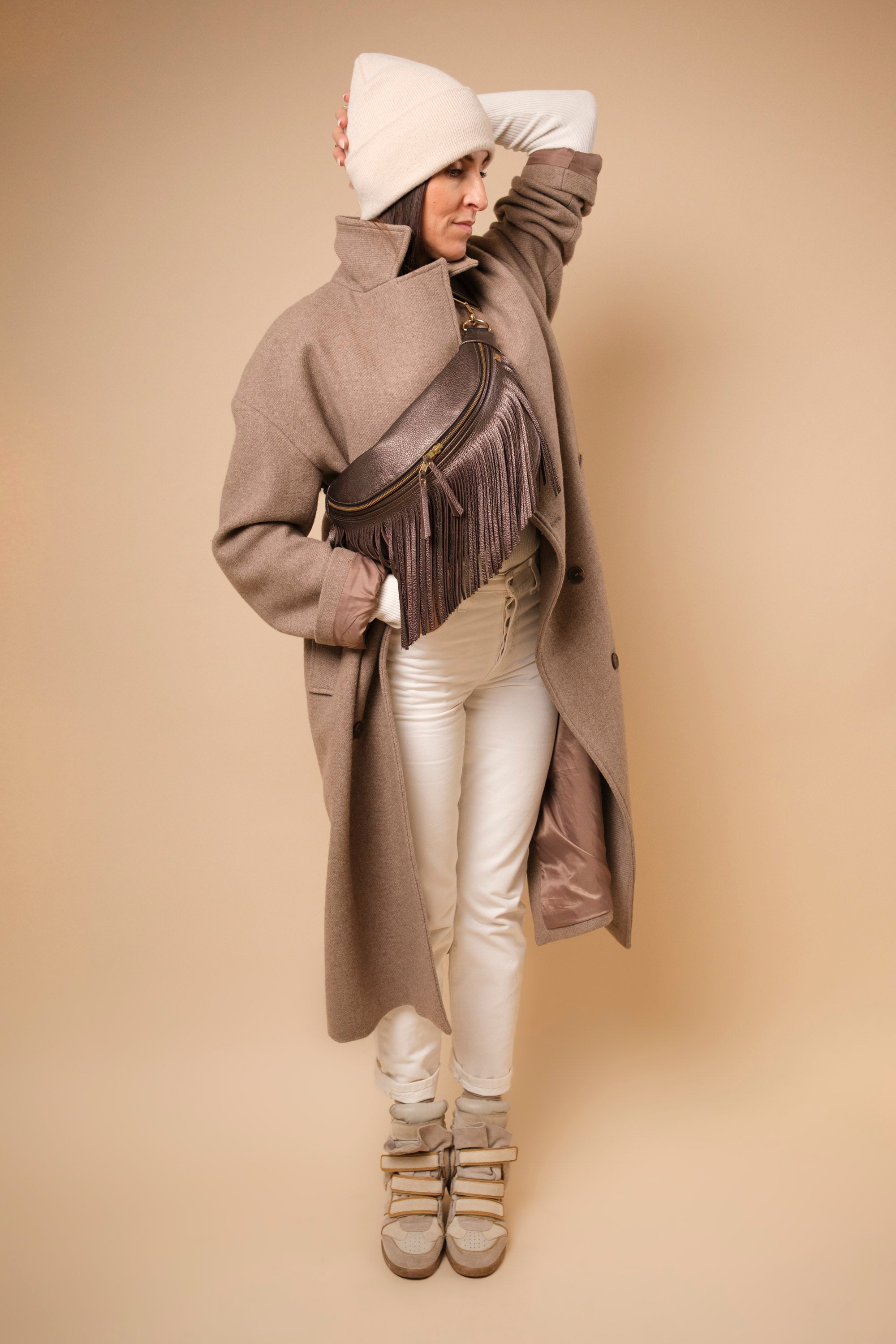 Banane à Frange Cuir Grainé Bronzo