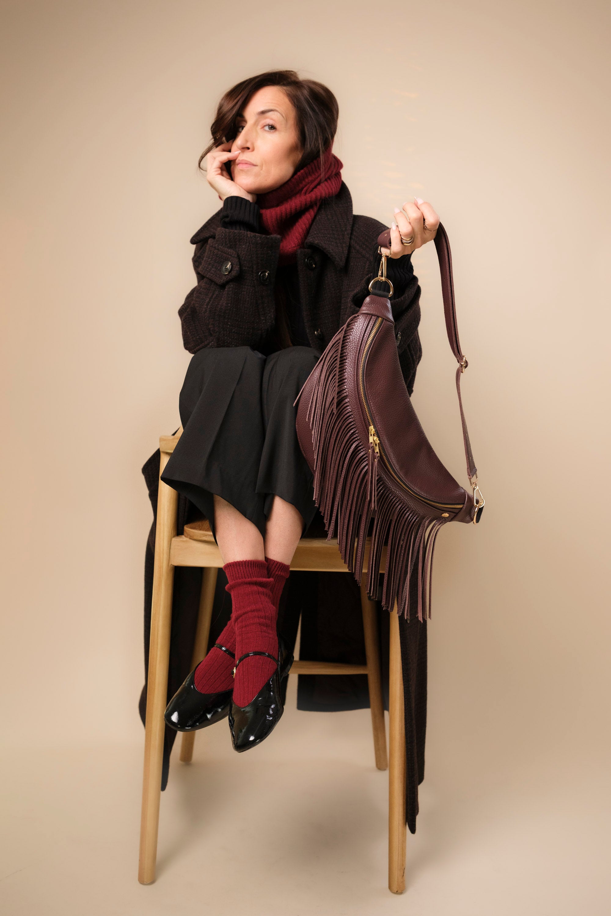 Banane à Frange Cuir Grainé Burgundy