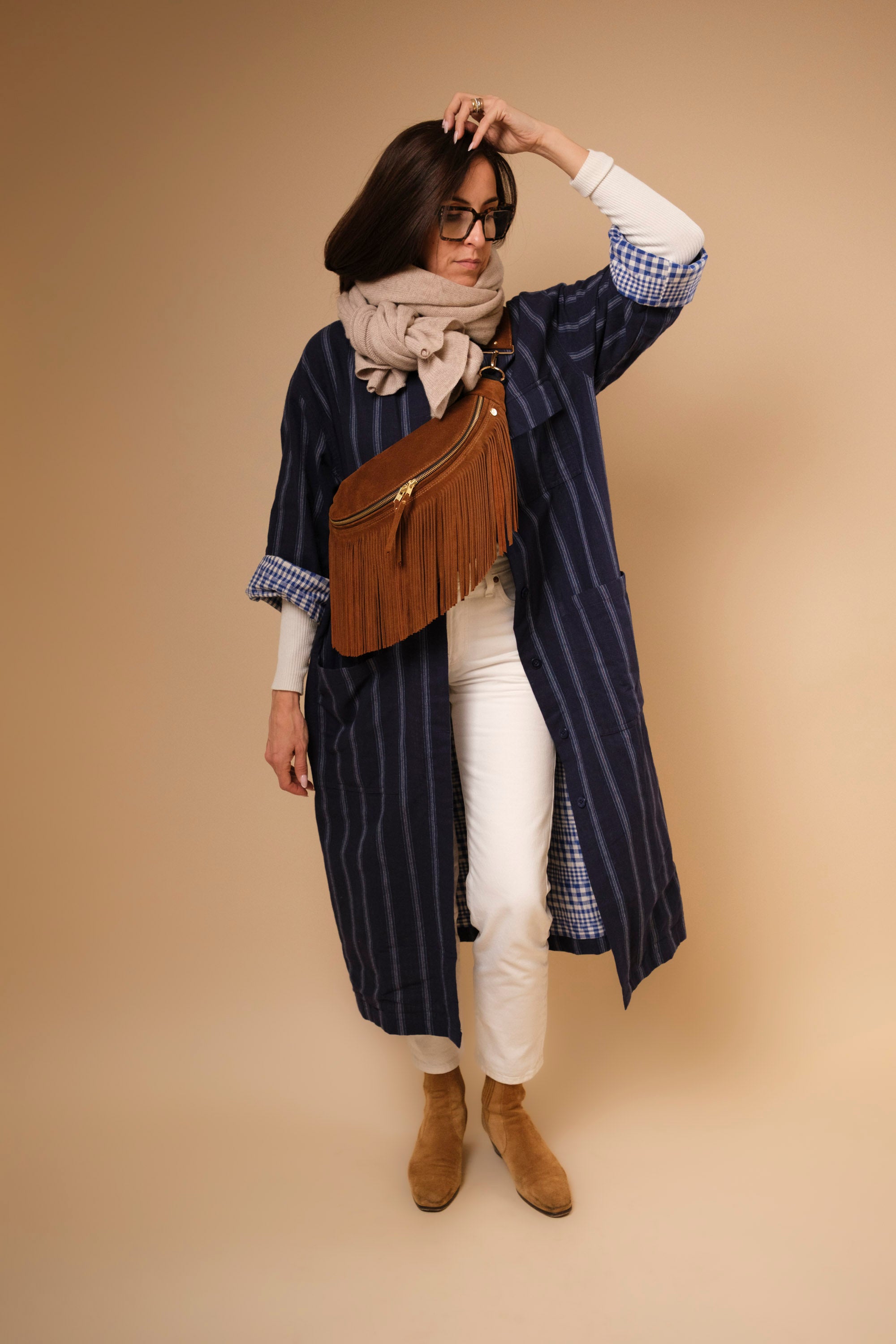 Banane à Frange Cuir Daim Camel