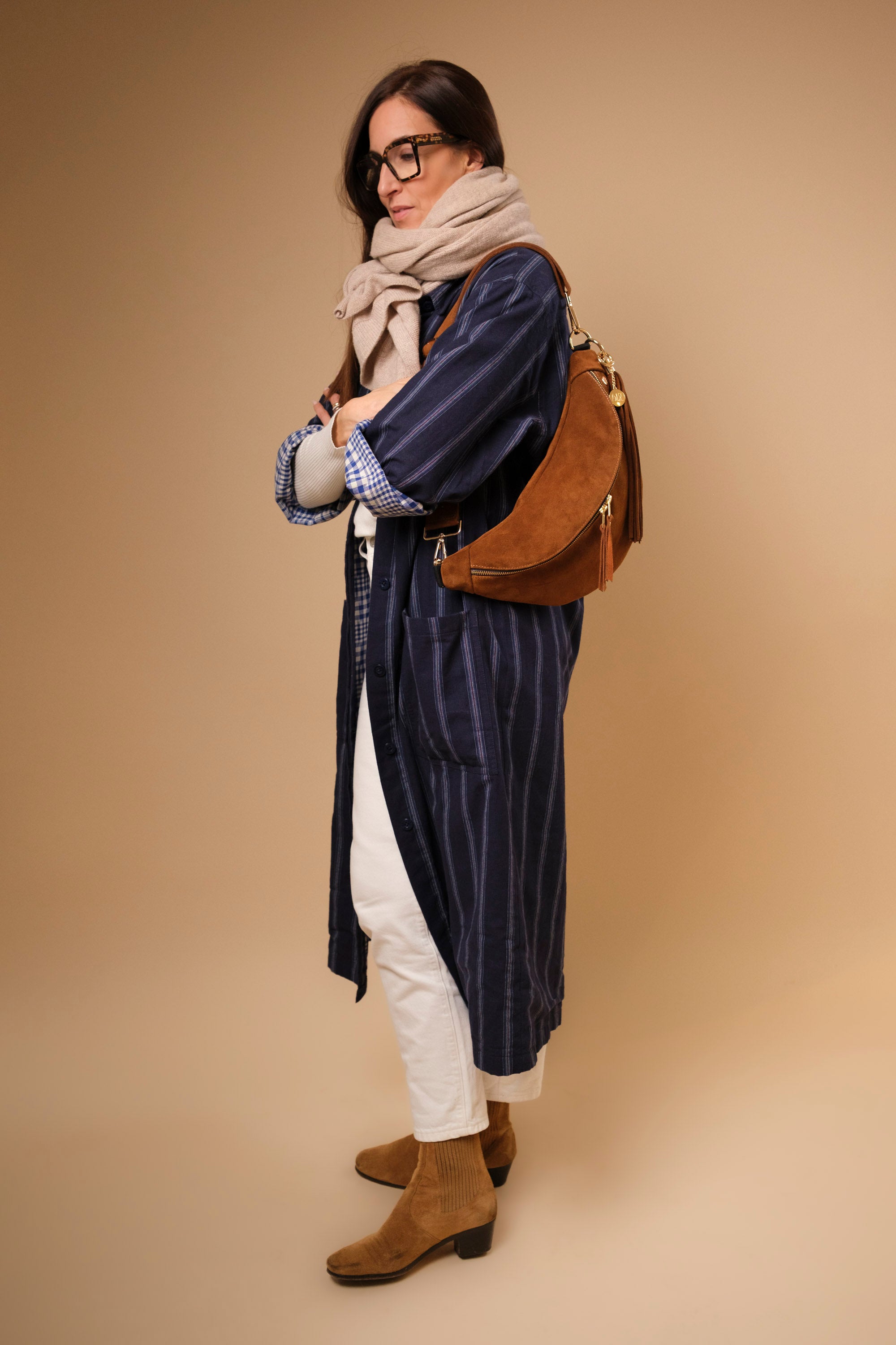 Banane Simple Cuir Daim Camel (avec Pompon)