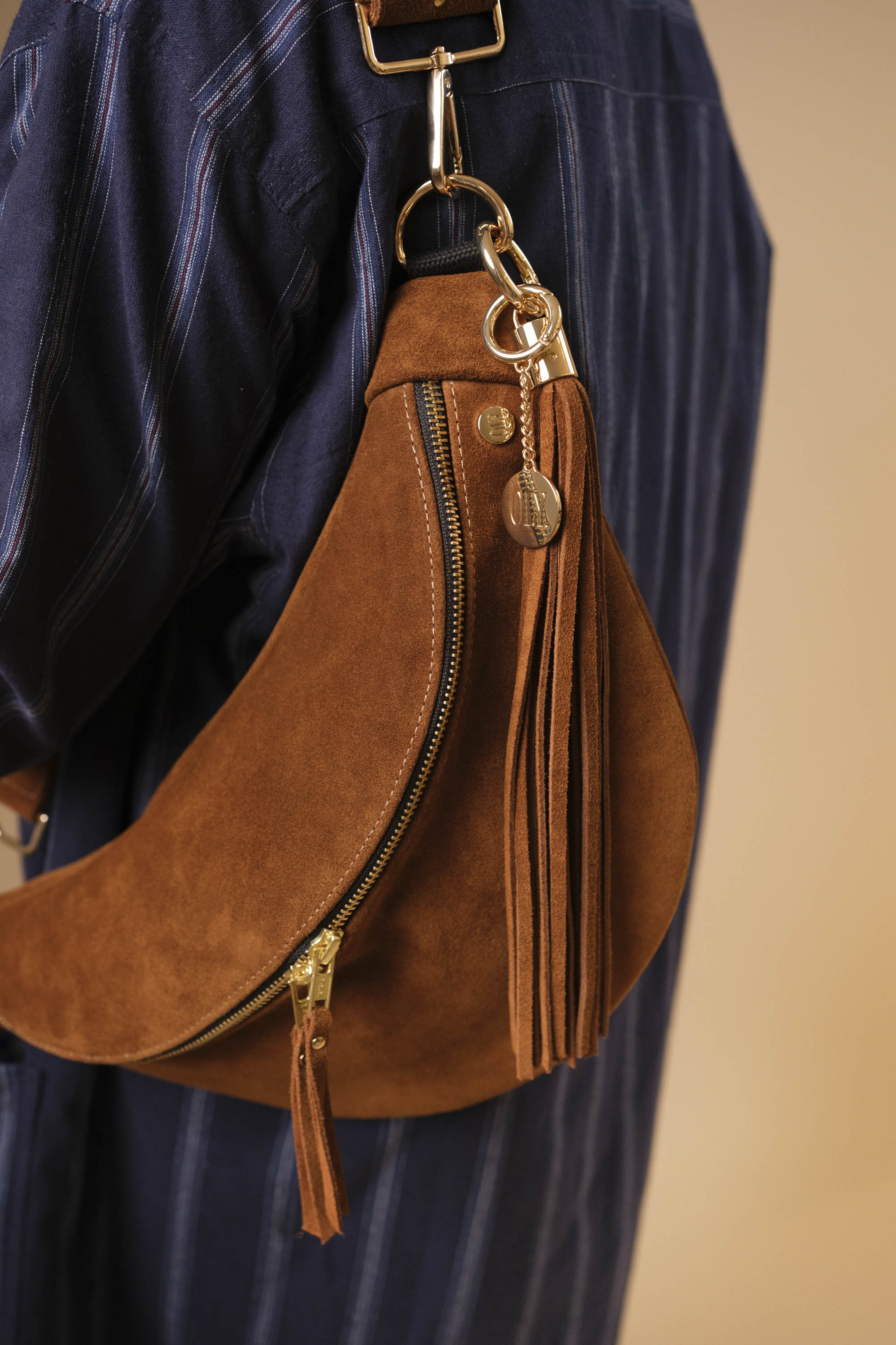 Banane Simple Cuir Daim Camel (avec Pompon)