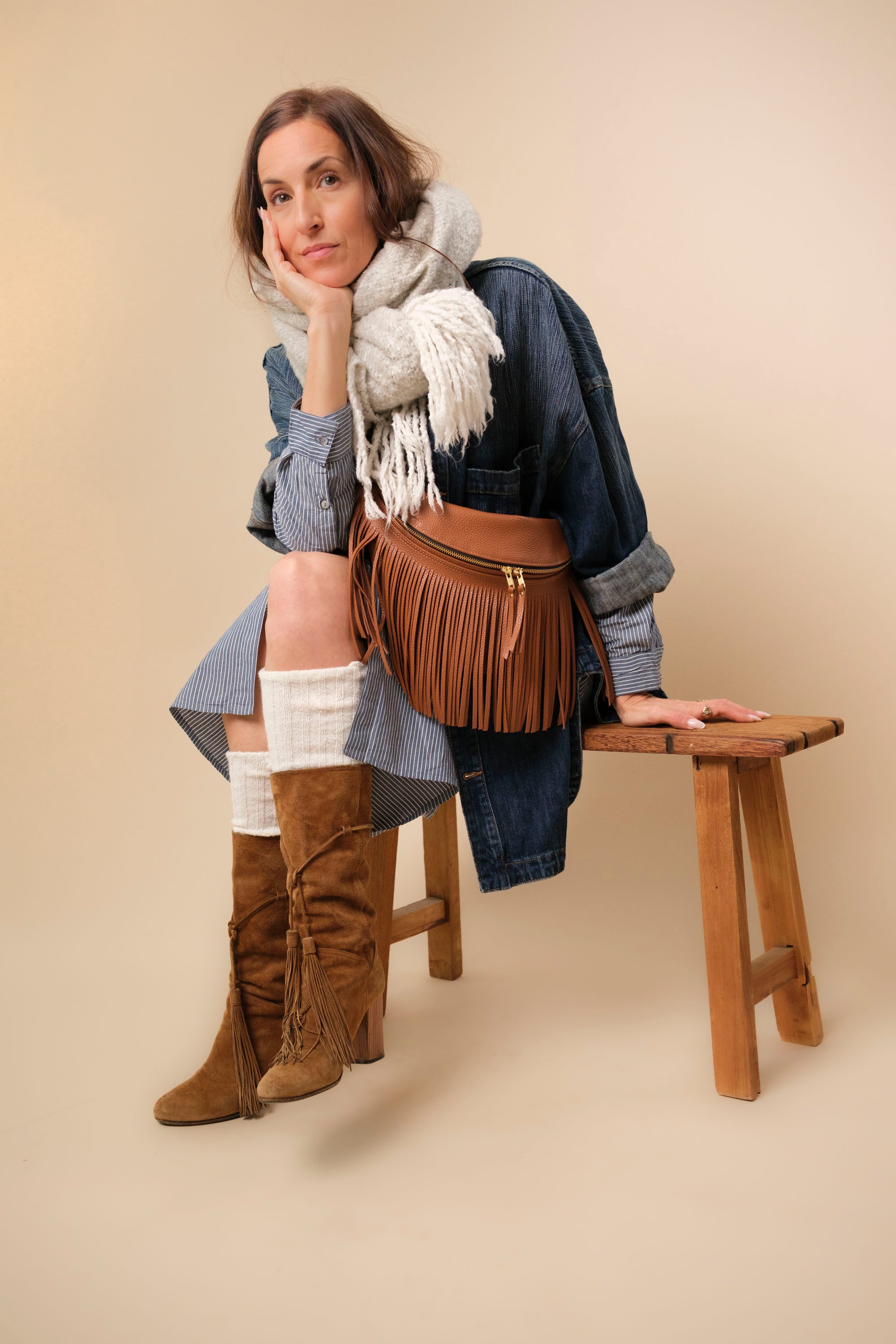 Banane à Frange Cuir Grainé Caramel