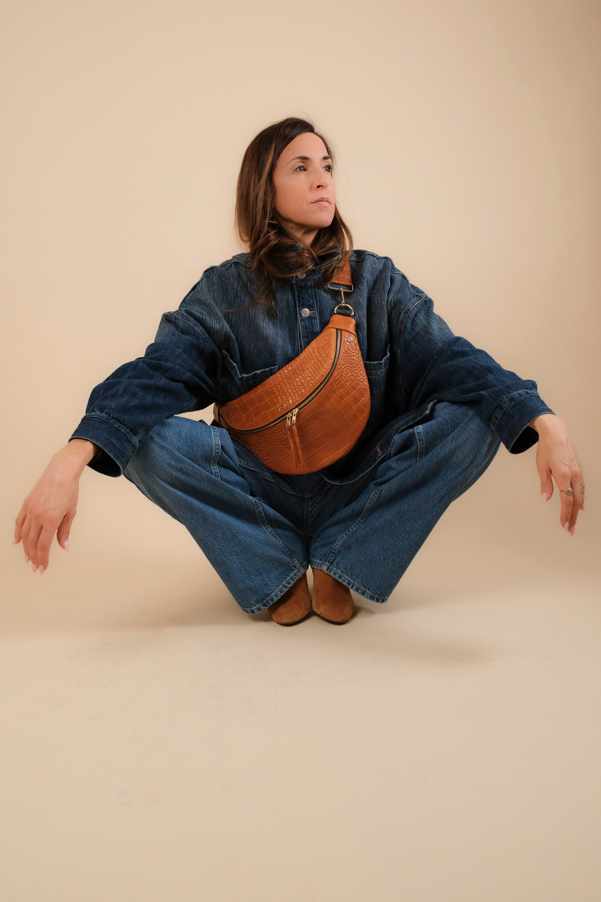 Banane Simple Cuir Lisse Embossé Croco Cognac, tannage végétal