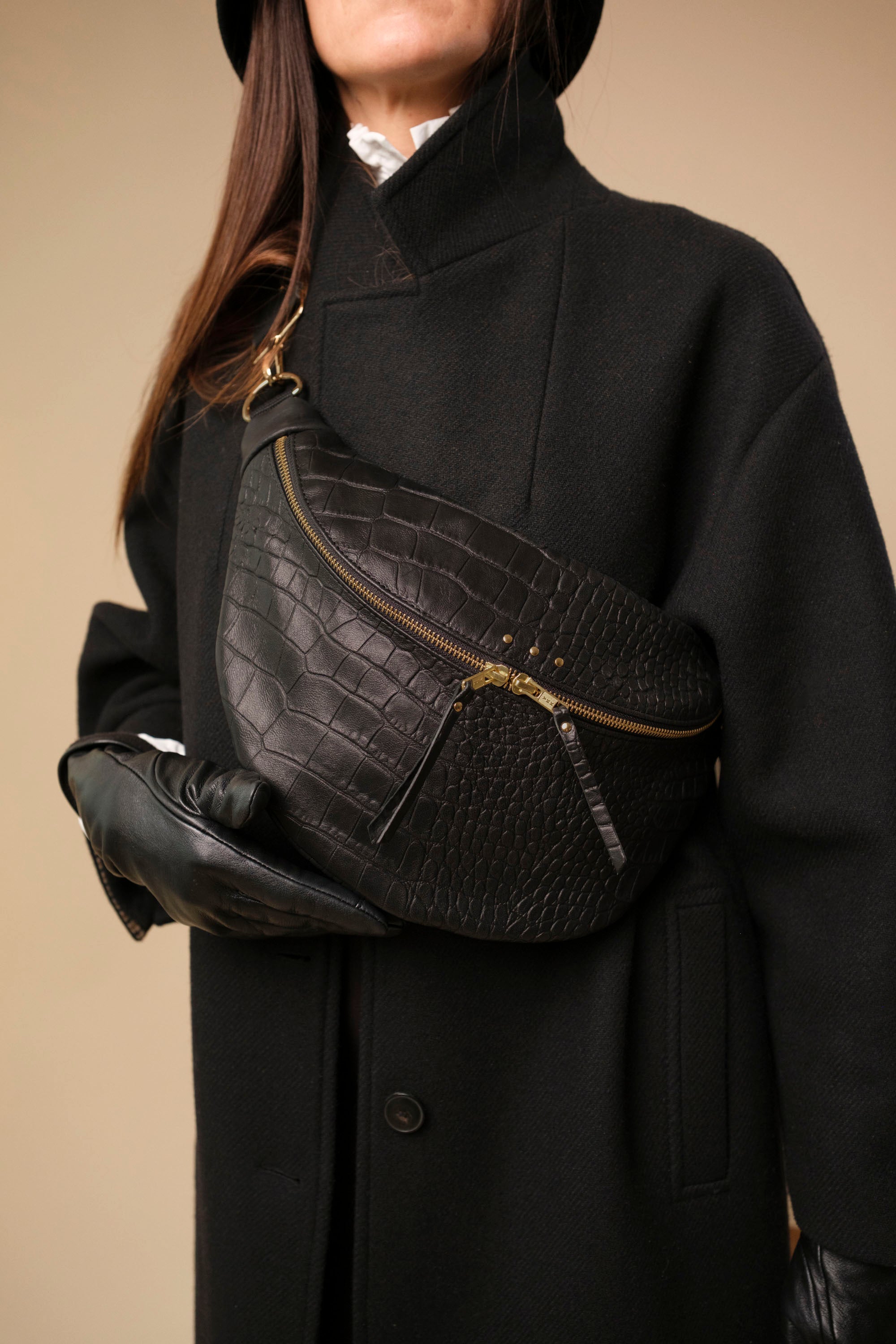 Banane Simple Cuir Lisse Embossé Croco Noir, tannage végétal