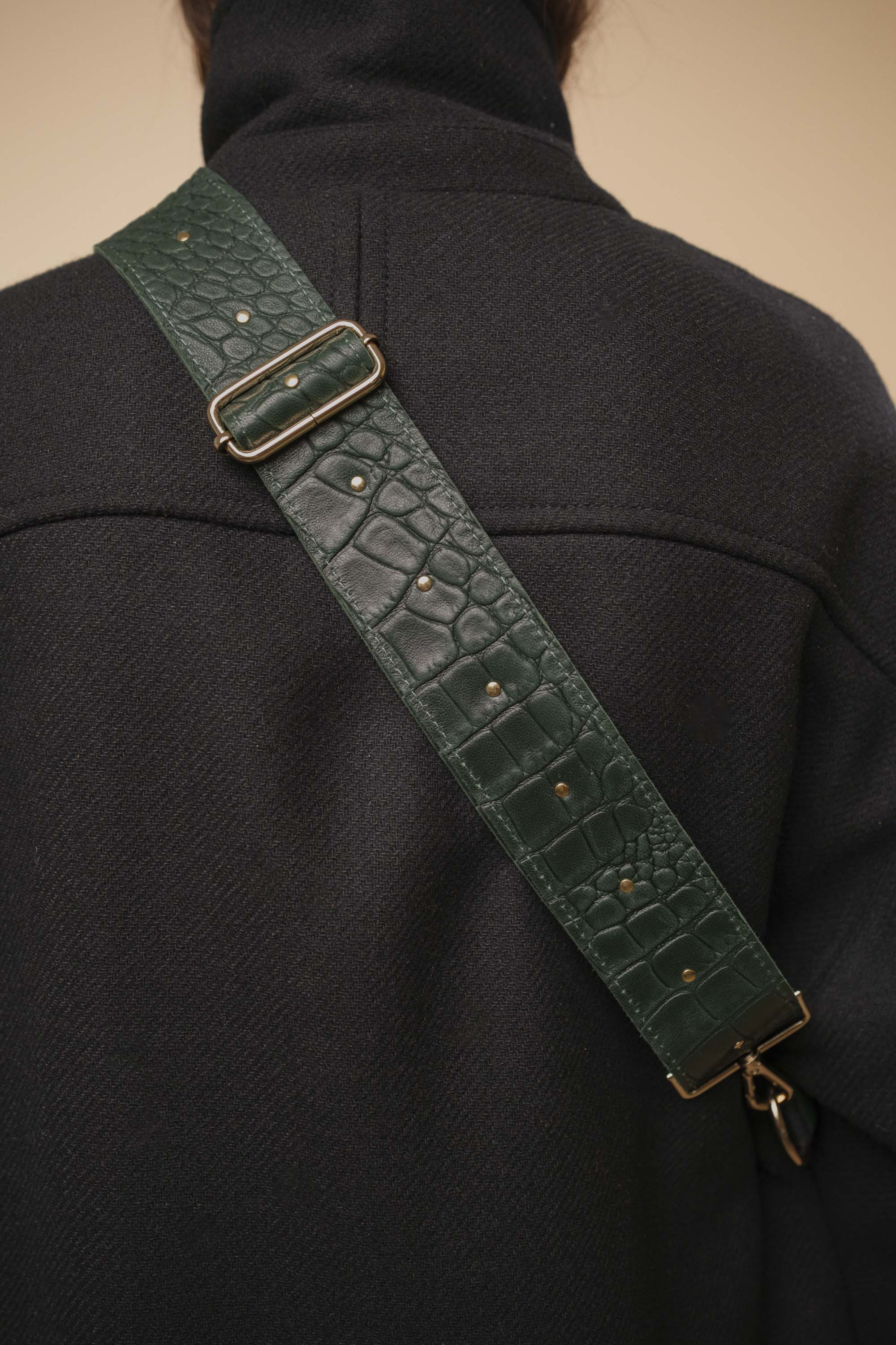 Banane Simple Cuir Lisse Embossé Croco Vert Forêt, tannage végétal