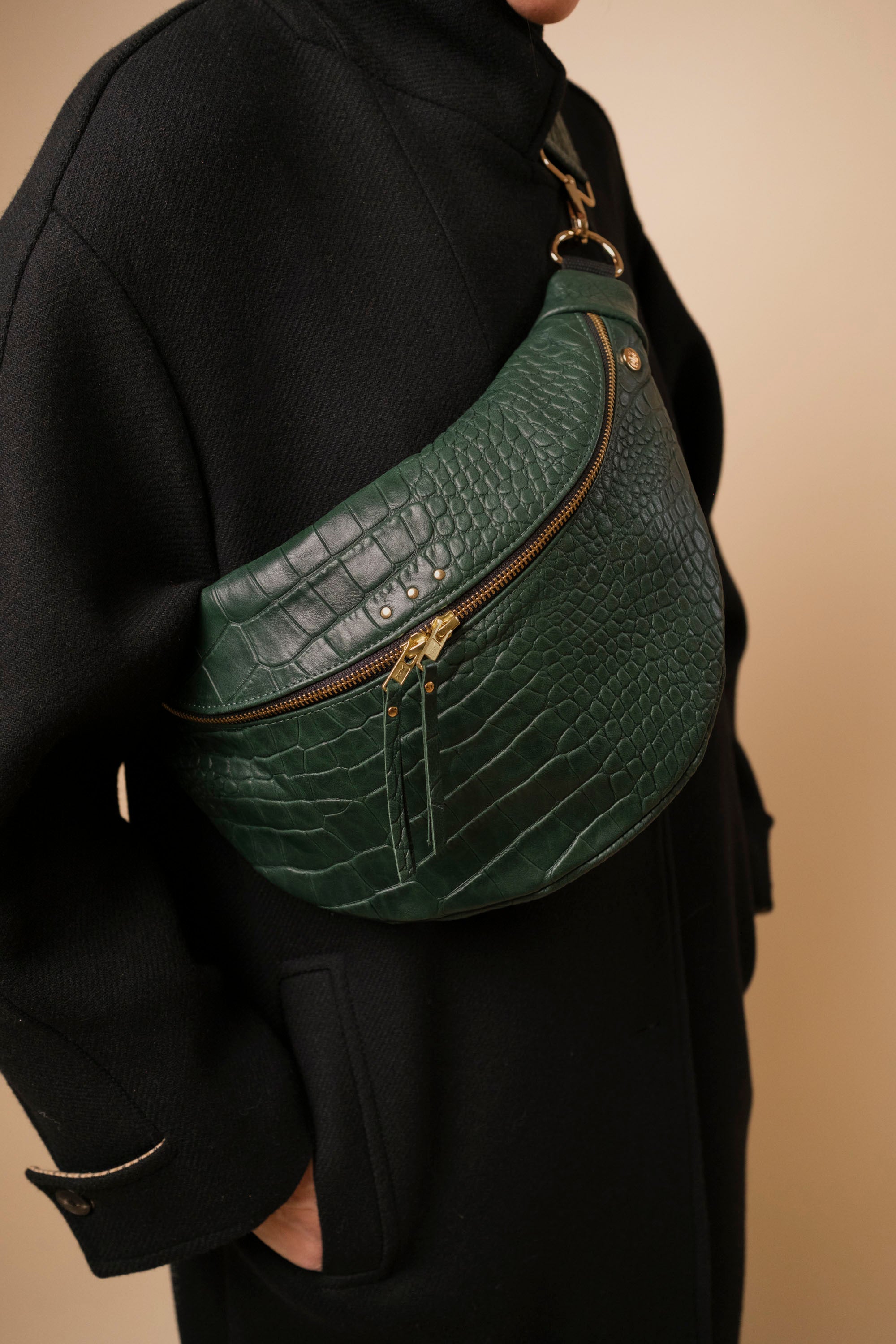 Banane Simple Cuir Lisse Embossé Croco Vert Forêt, tannage végétal