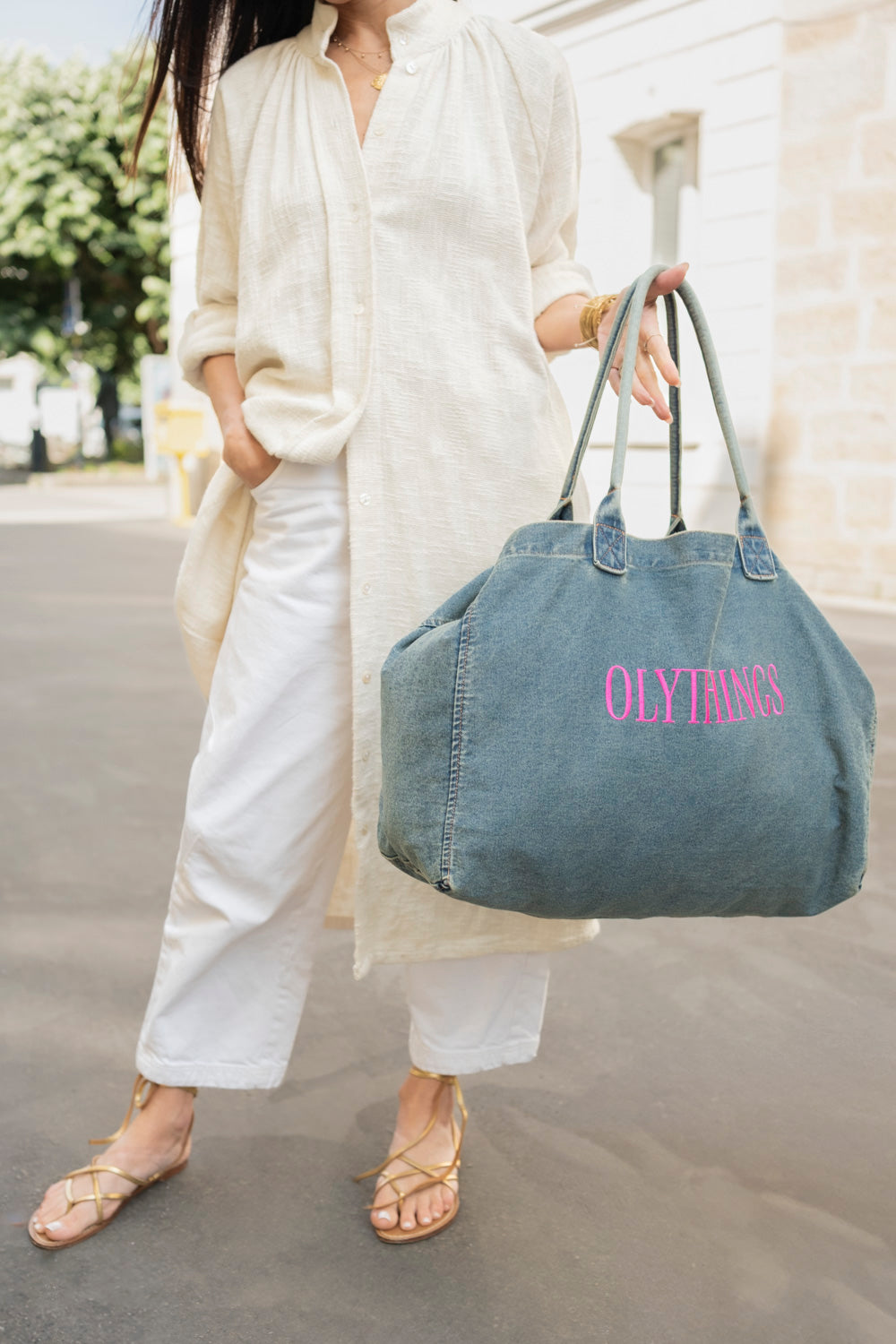 Cabas en Jean, Broderie Olythings Rose