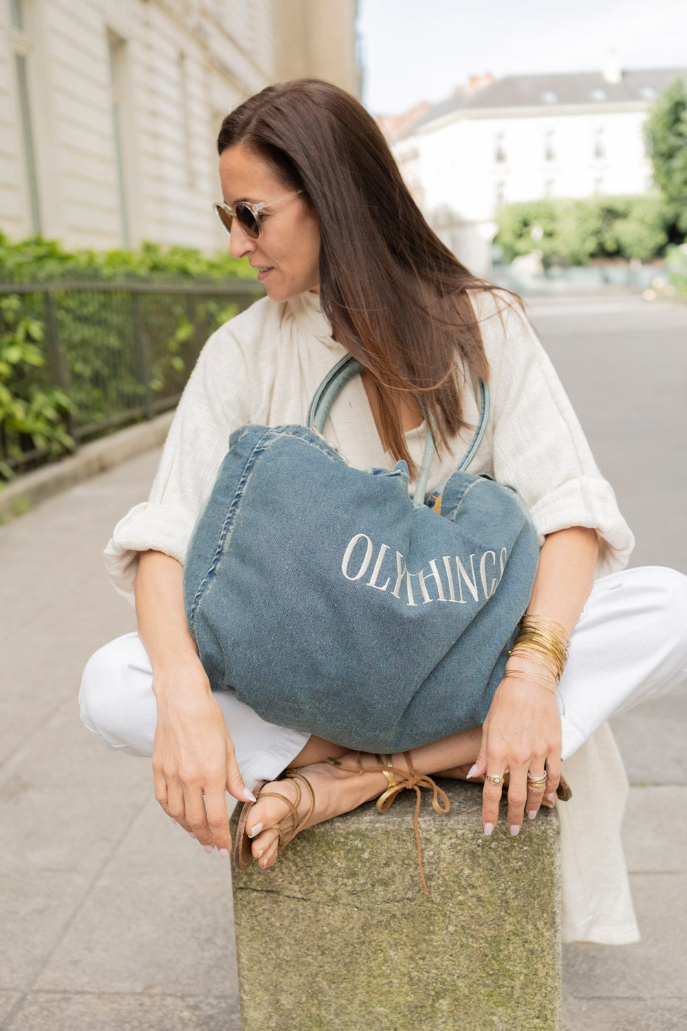 Cabas en Jean, Broderie Olythings Crème