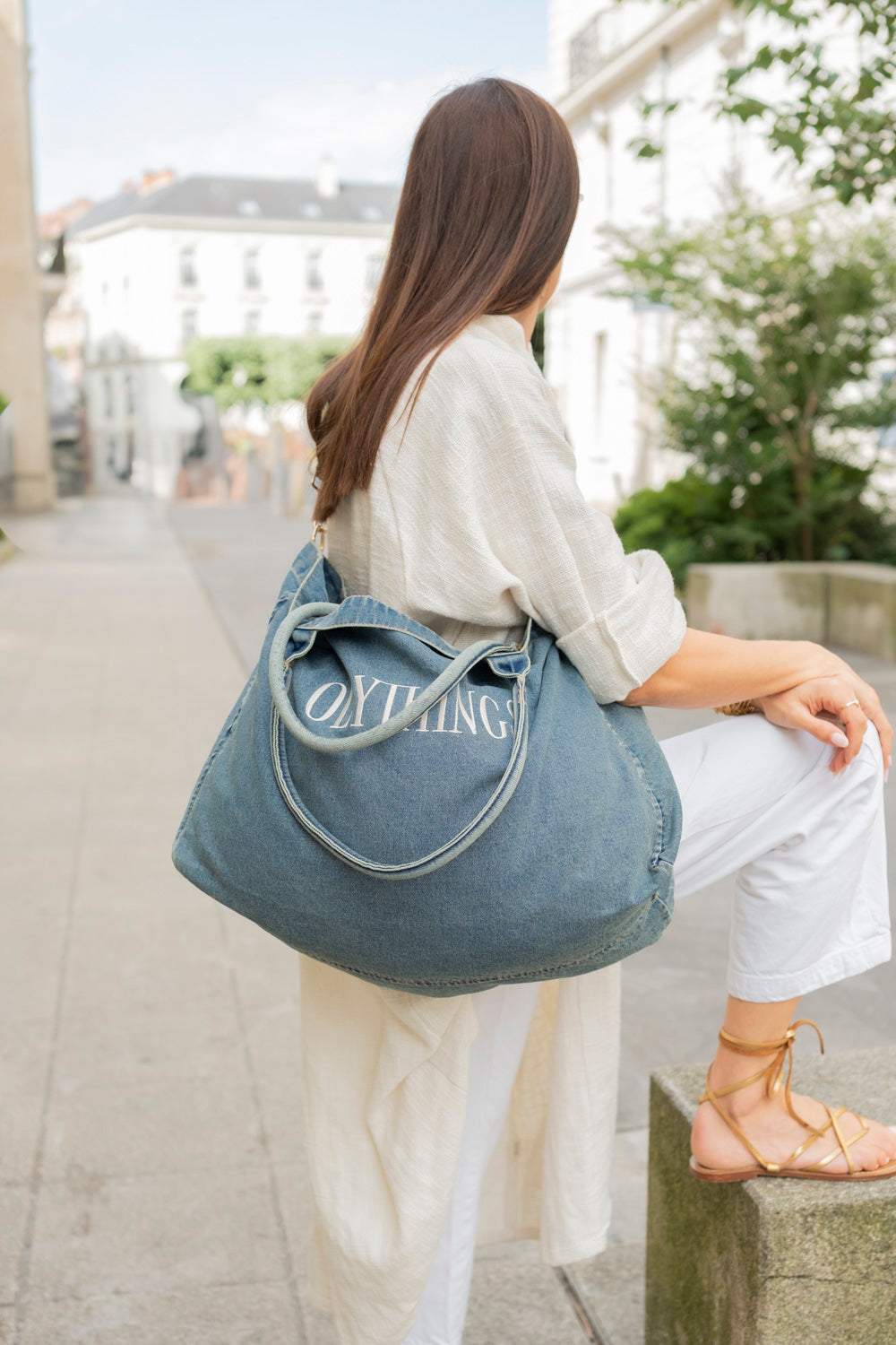 Cabas en Jean, Broderie Olythings Crème