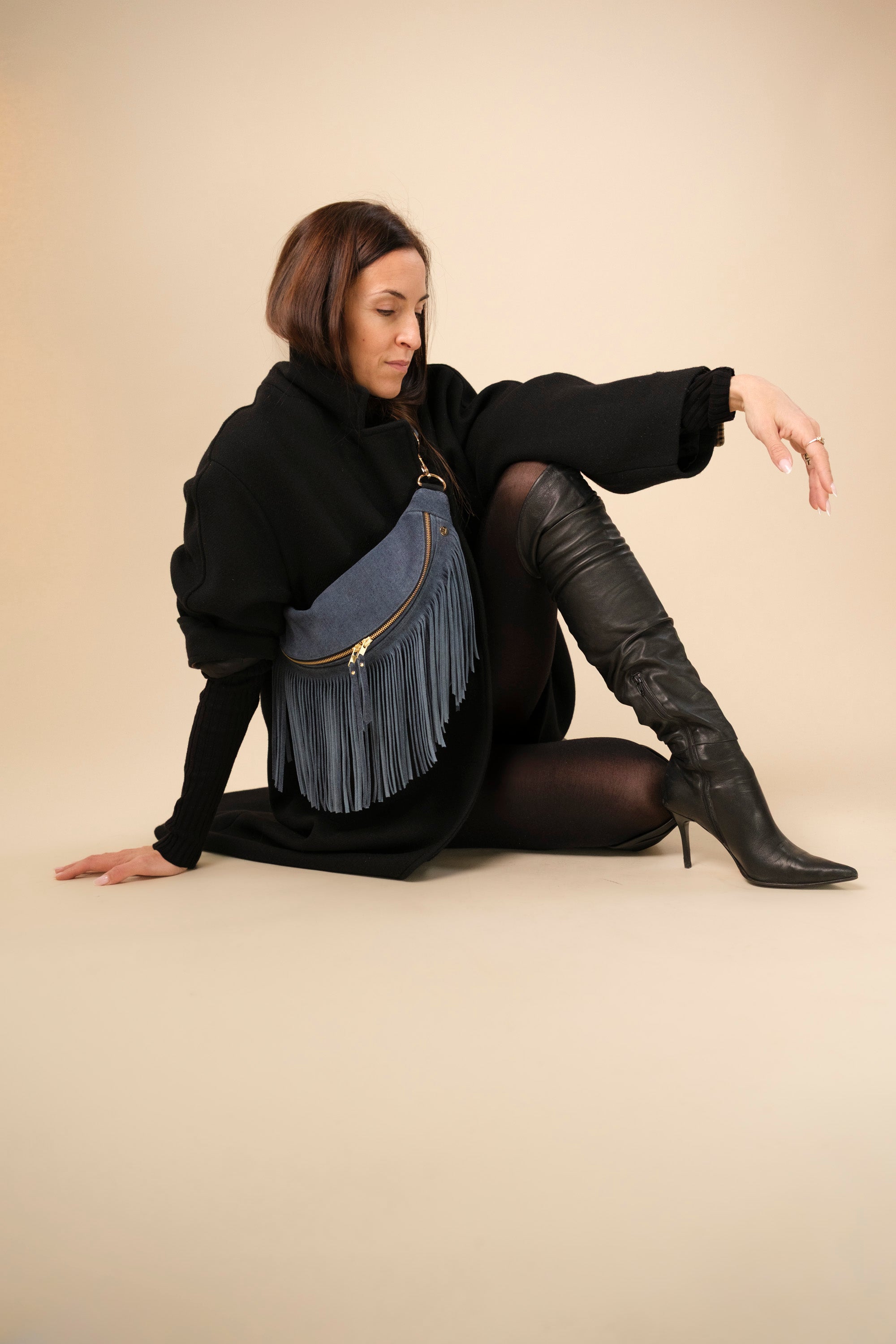 Banane à Frange Cuir Daim Jean Bleu