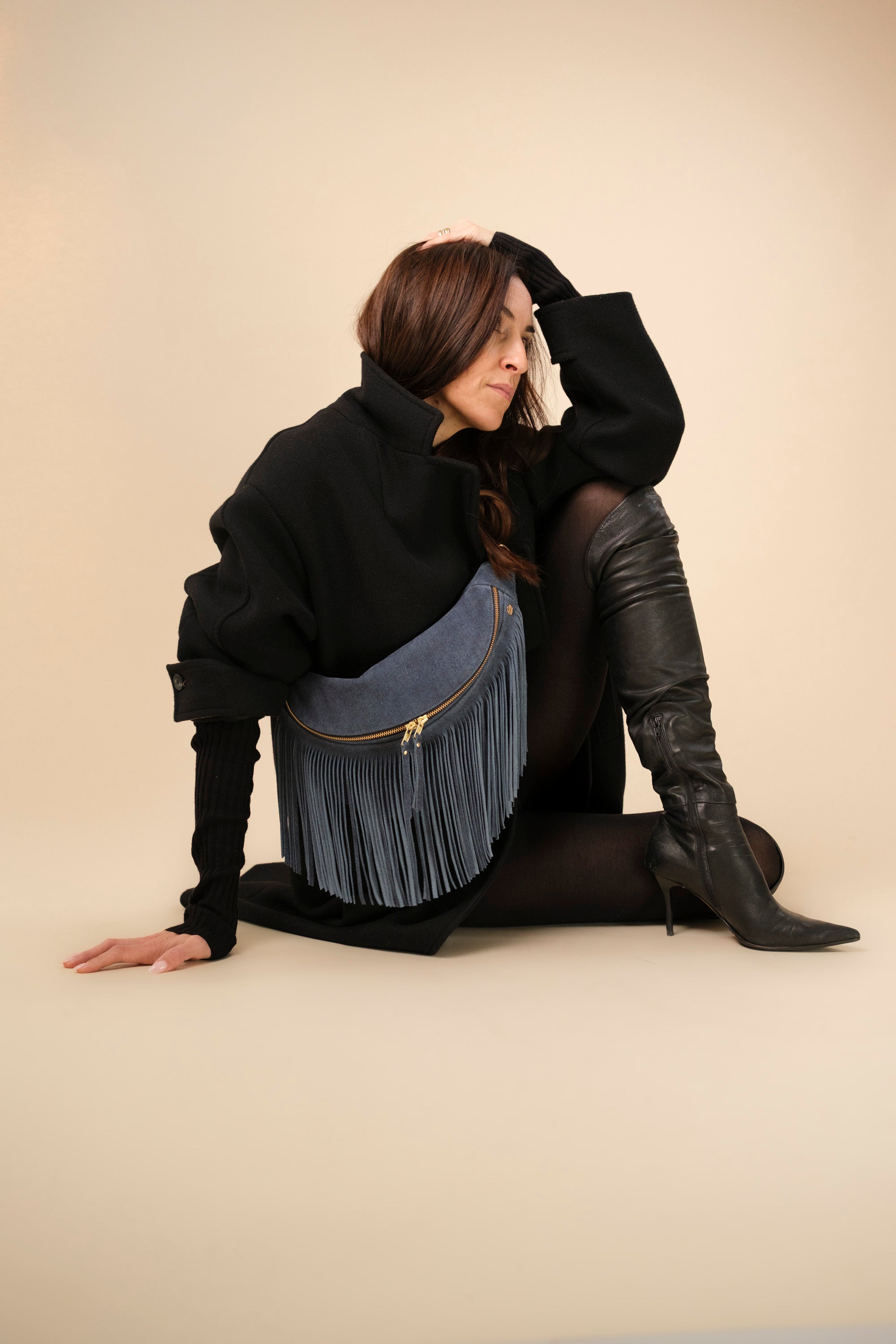 Banane à Frange Cuir Daim Jean Bleu