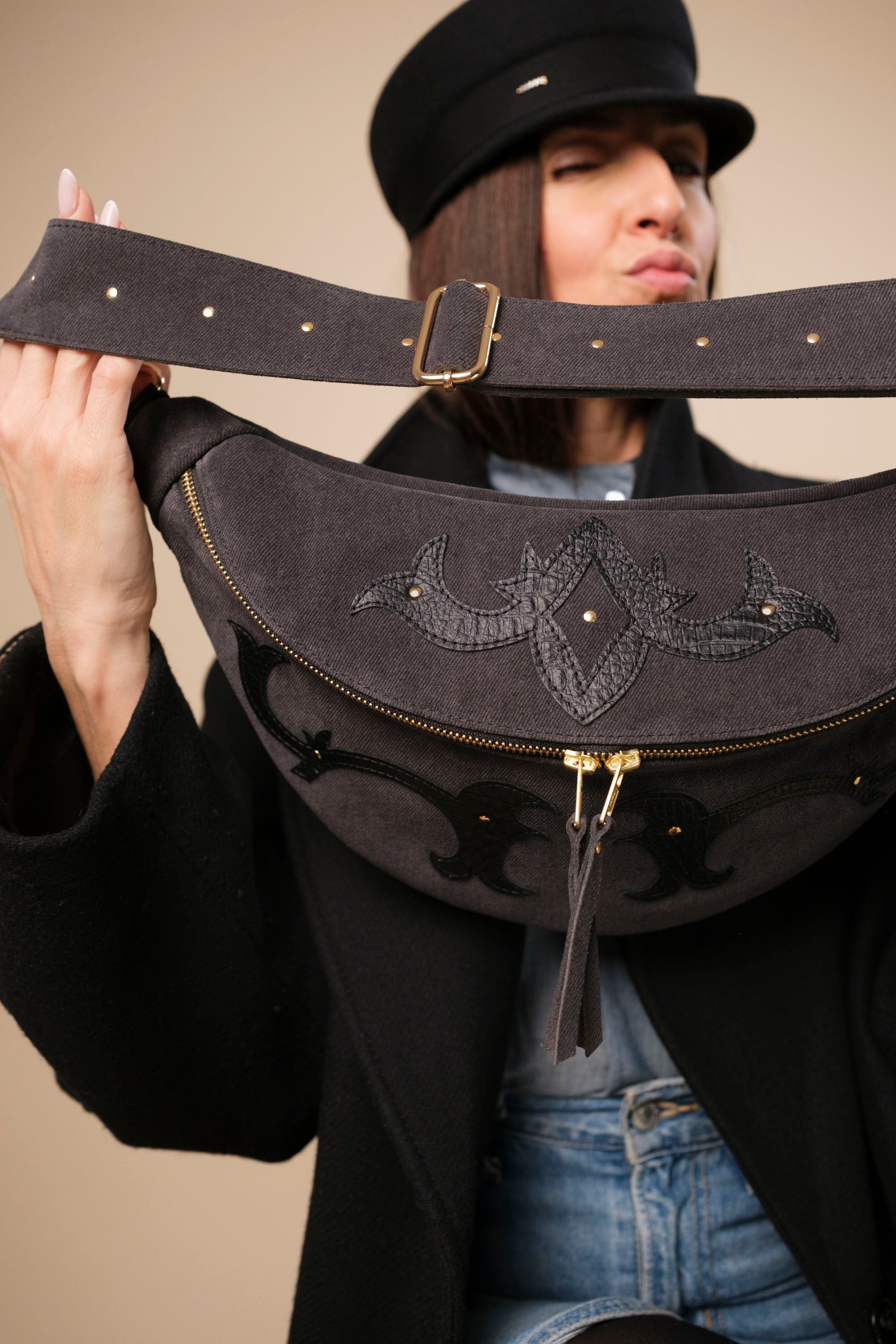 Banane Calamity Double Trouble Cuir Daim Embossé Jean Gris & Croco Noir