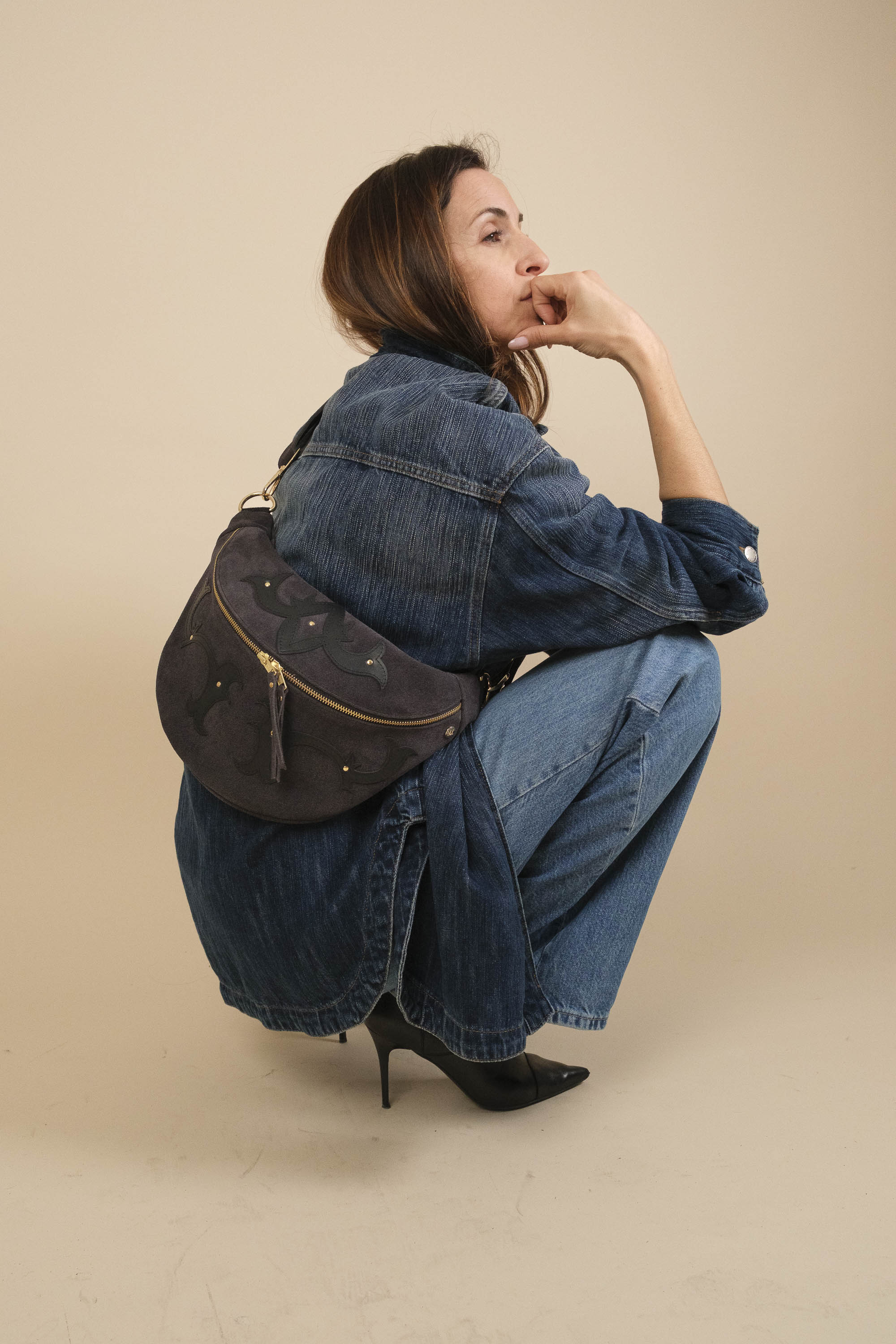 Banane Calamity Double Trouble Cuir Daim Embossé Jean Gris & Noir Lisse