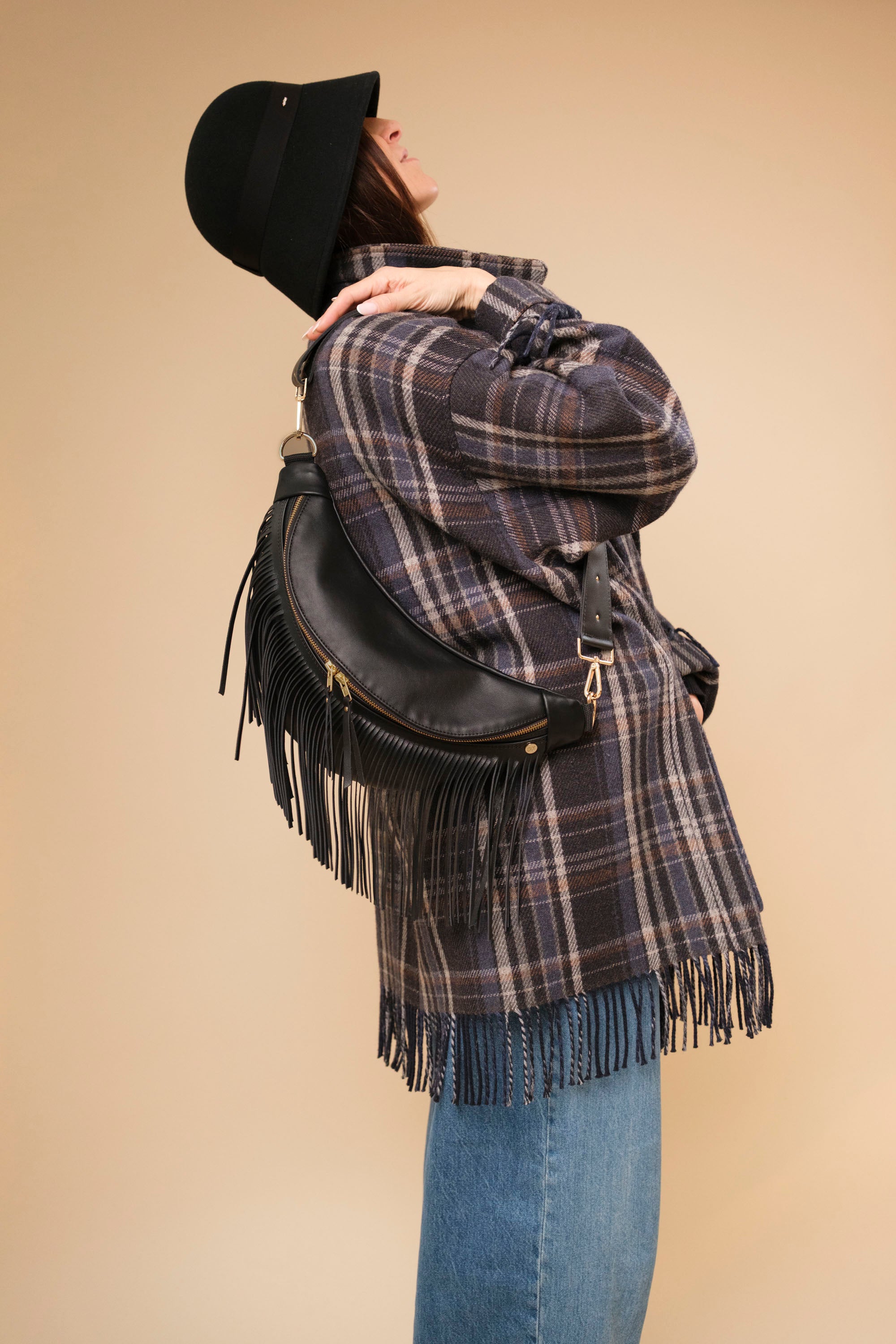 Banane à Frange Cuir Lisse Noir